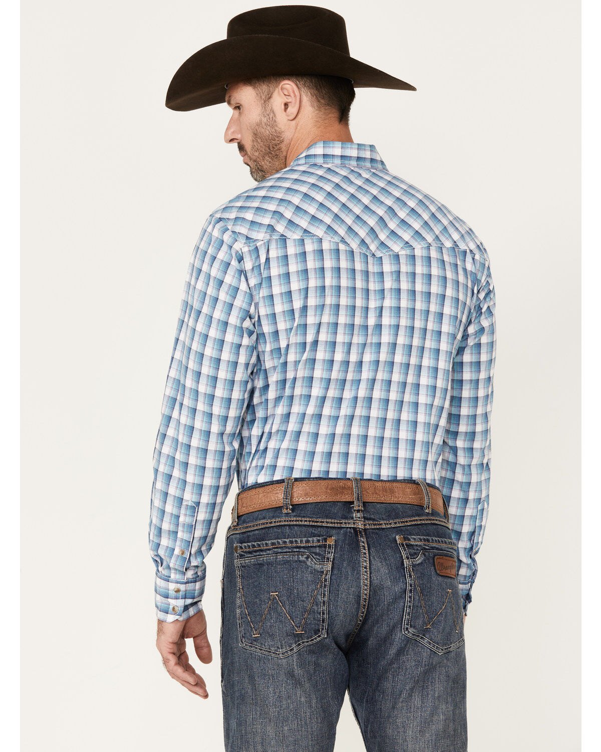 Image #4 - Wrangler 20x Men's Plaid Print Long Sleeve Snap Western Shirt, Teal, hi-res