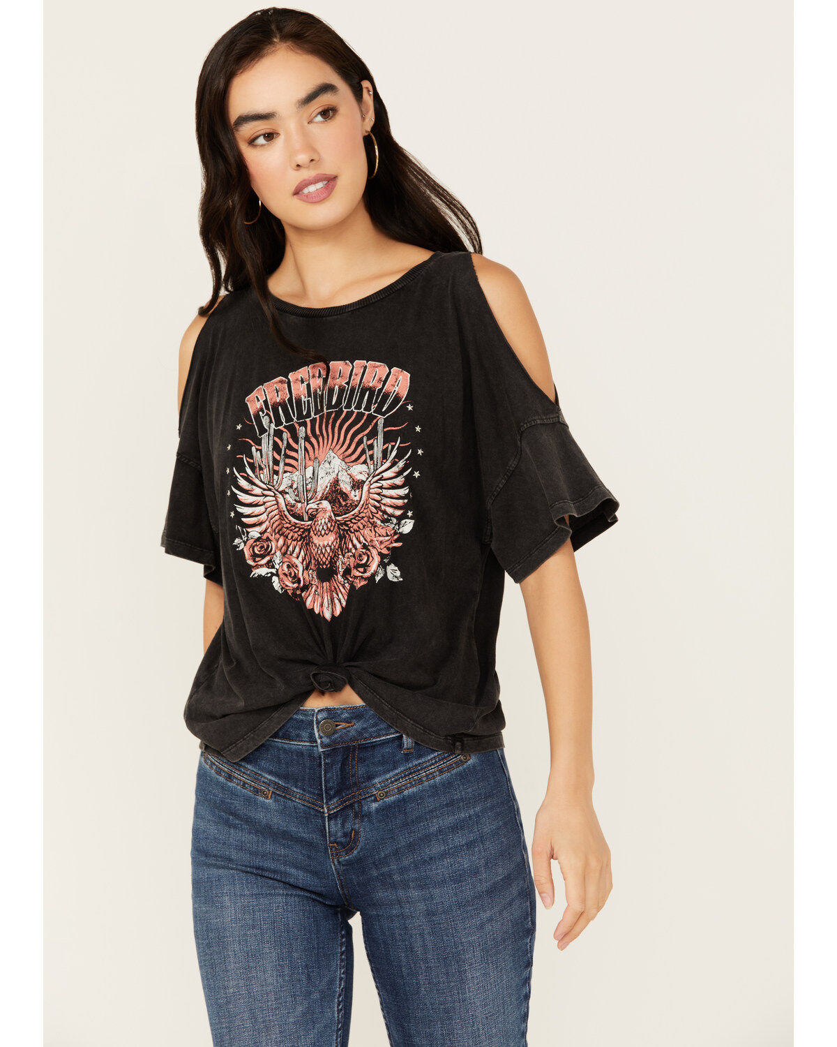 Image #1 - White Crow Women's Freebird Cold Shoulder Graphic Tee, Black, hi-res