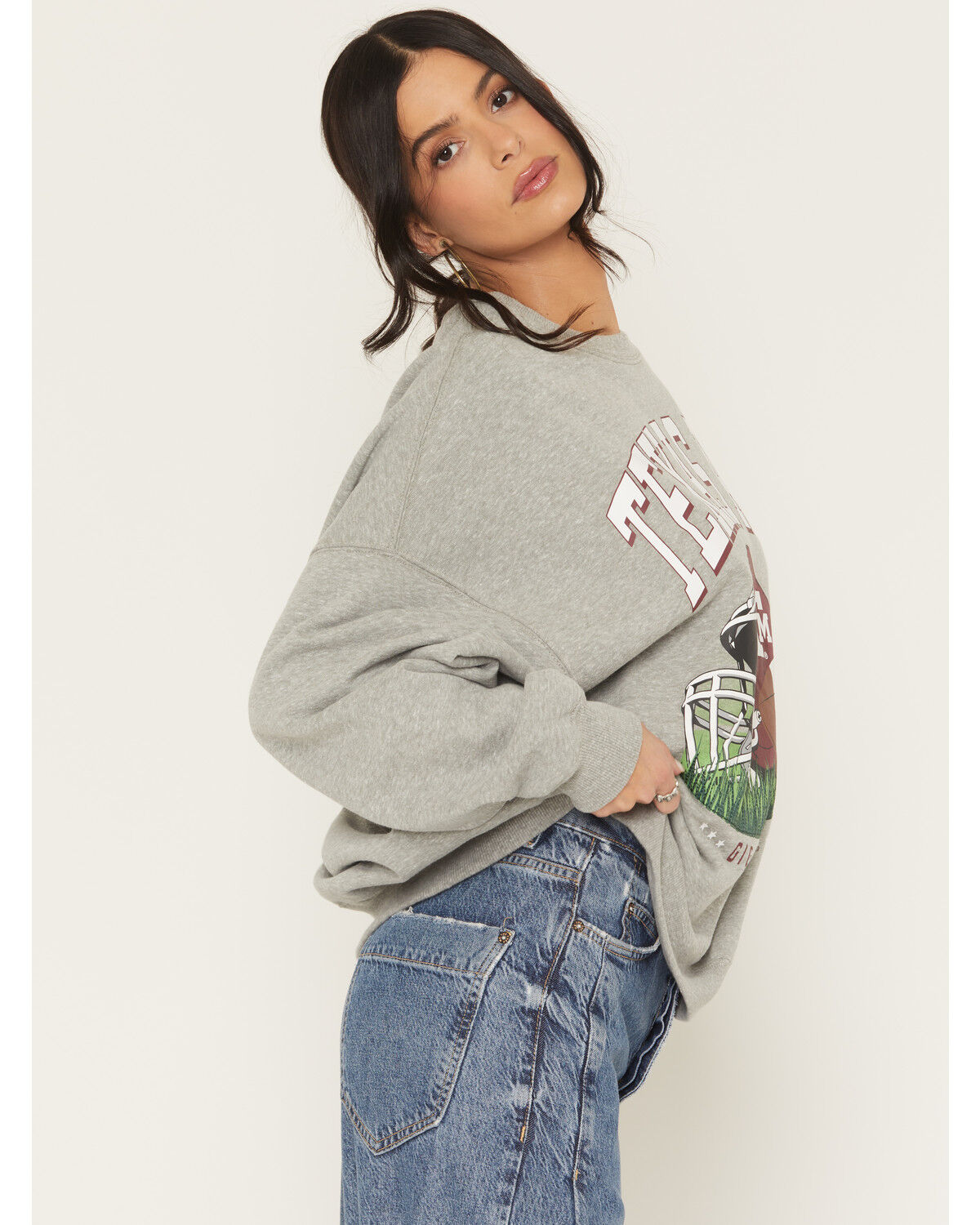 Image #2 - Gameday Women's TAMU Helmet Embroidered Graphic Crewneck, Grey, hi-res