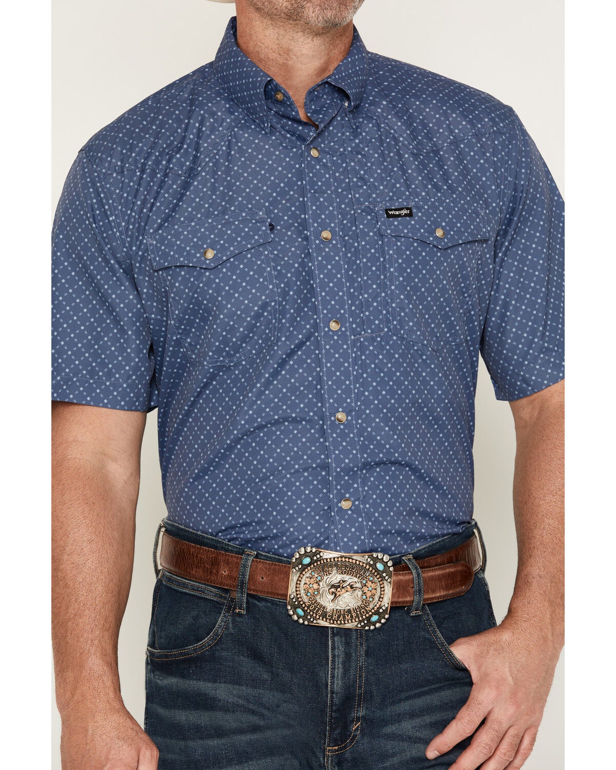 Image #3 - Wrangler Men's ATG Geo Print Short Sleeve Snap Performance Western Shirt, Blue, hi-res