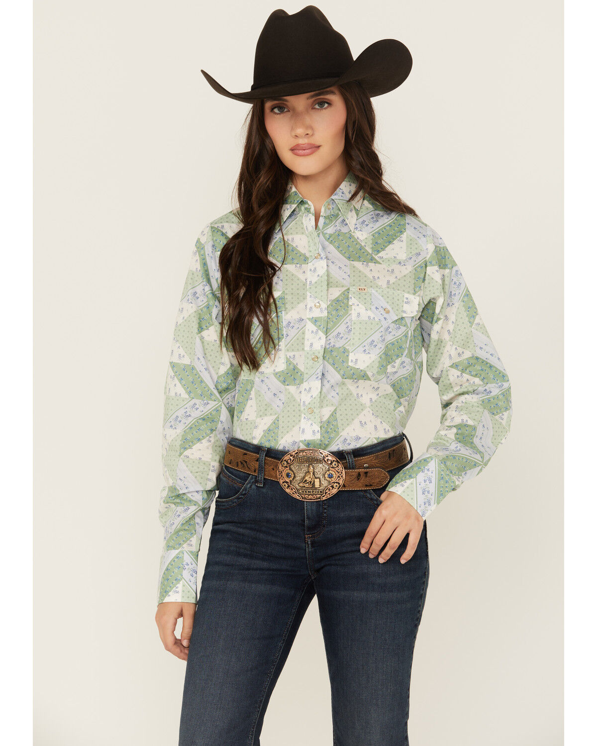 Image #2 - Cowboygirl by Jenna Paulette Women's Patchwork Print Long Sleeve Pearl Snap Western Shirt, Green, hi-res