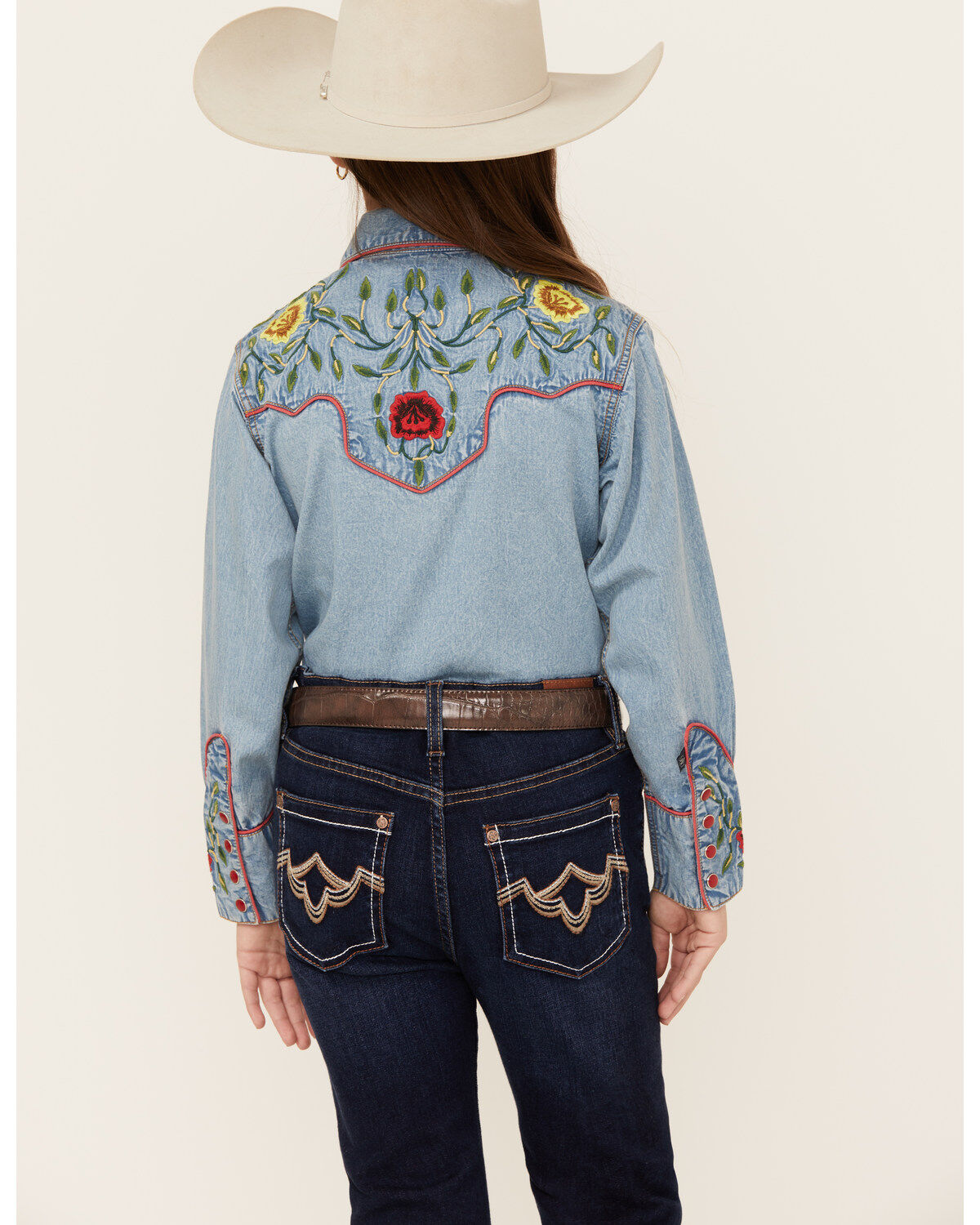 Image #4 - Rockmount Ranchwear Girls' Floral Yoke Long Sleeve Pearl Snap Denim Western Shirt, , hi-res