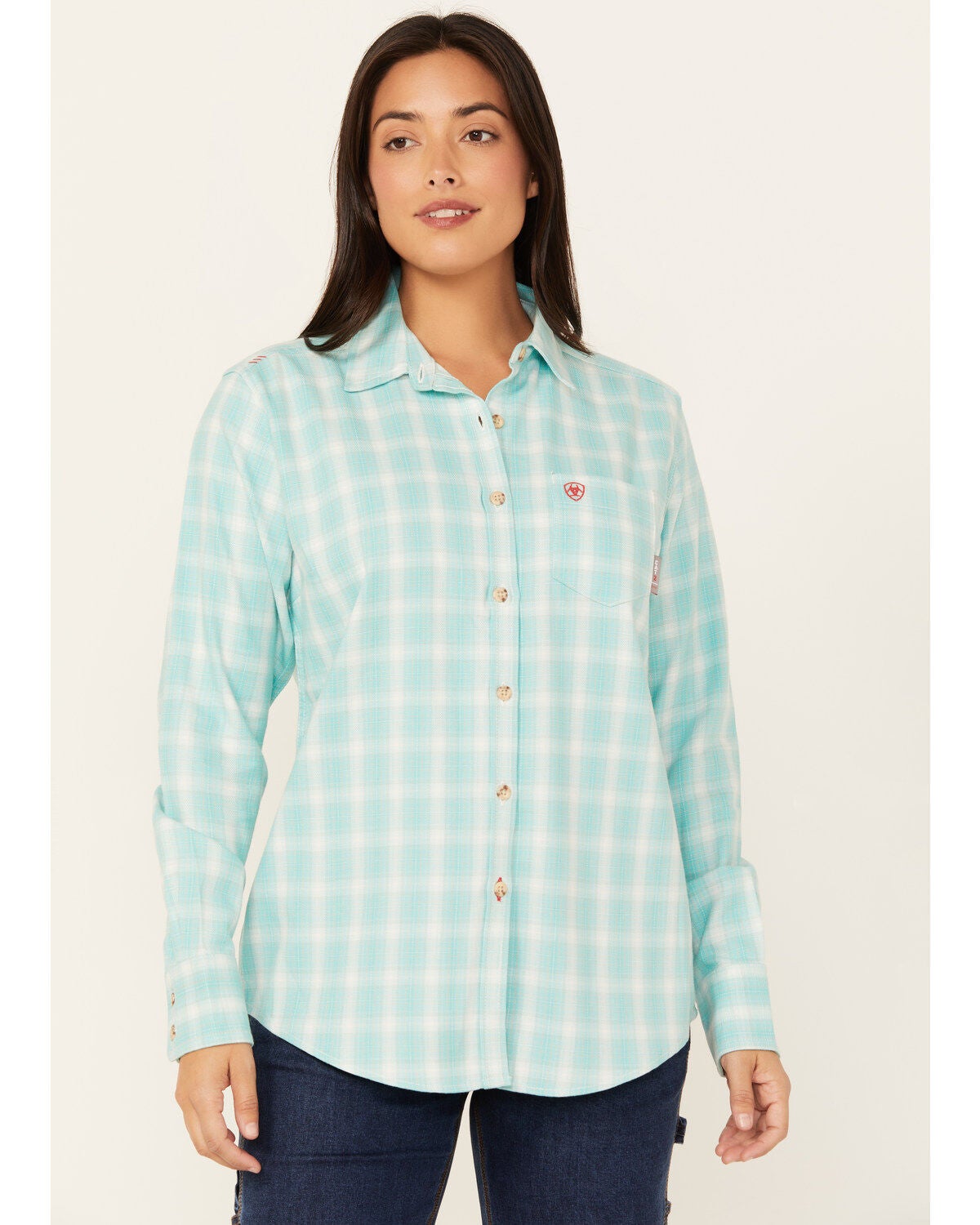 Ariat Women's FR Catalina Plaid Print Long Sleeve Button-Down Work Shirt, Turquoise, hi-res