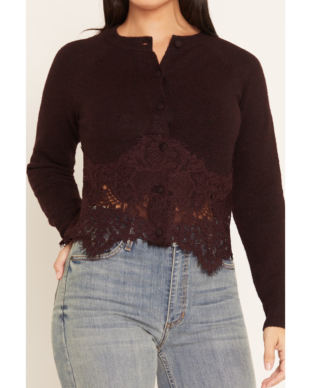 Image #3 - Lovestitch Women's Lace Sweater, Burgundy, hi-res