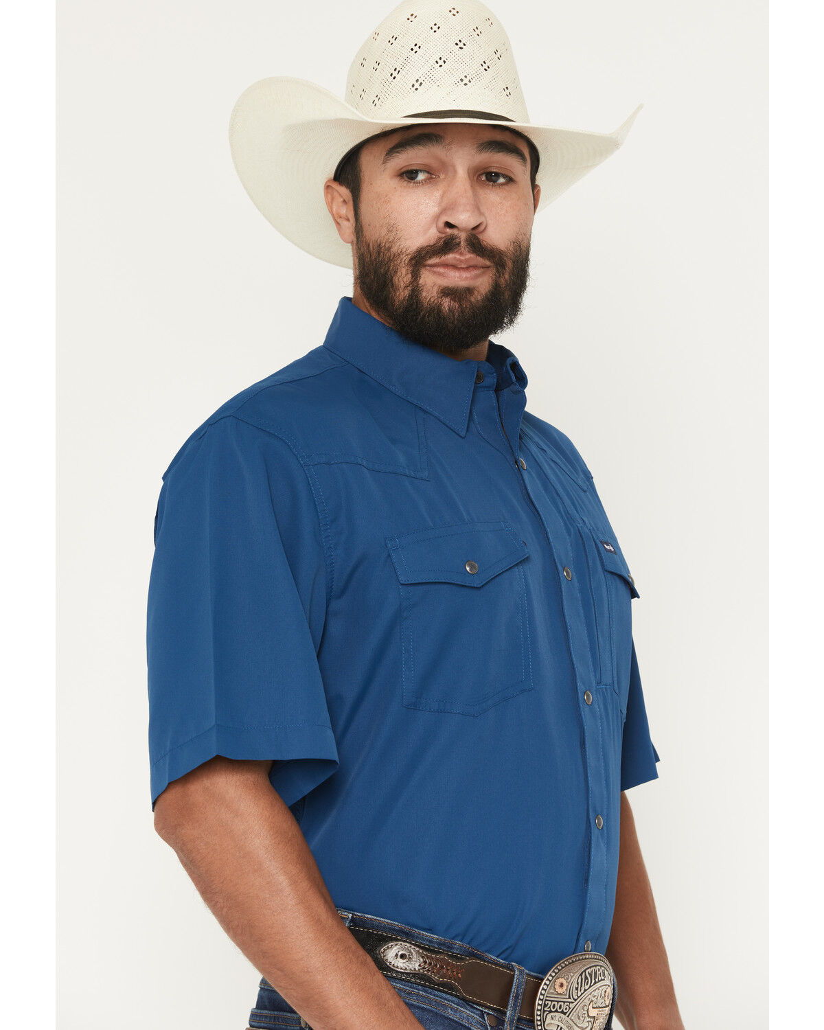 Image #2 - Wrangler Men's Solid Short Sleeve Snap Performance Western Shirt, Blue, hi-res