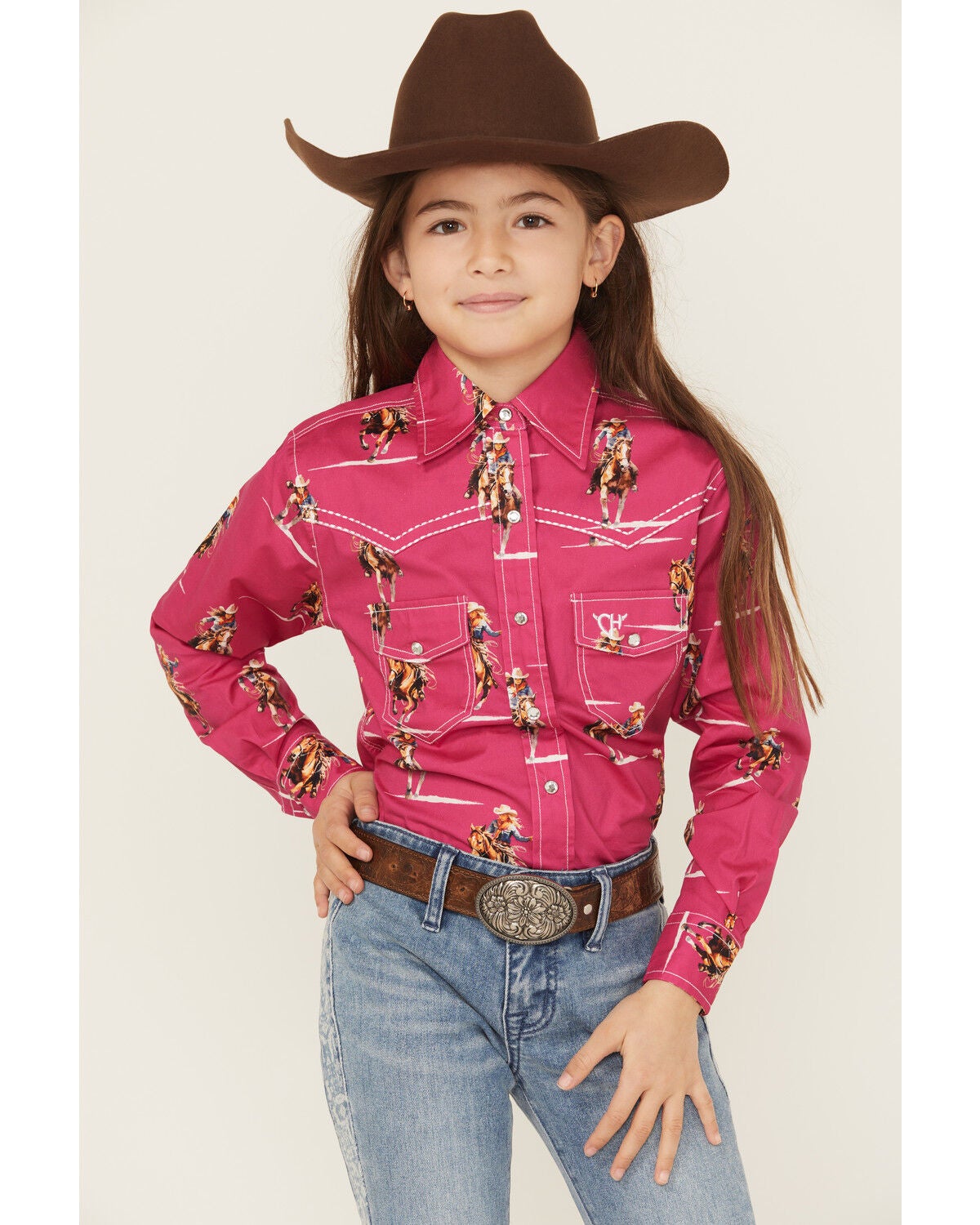 Cowgirl Hardware Girls' Cowgirl Print Long Sleeve Rhinestone Snap Stretch Western Shirt, Pink, hi-res