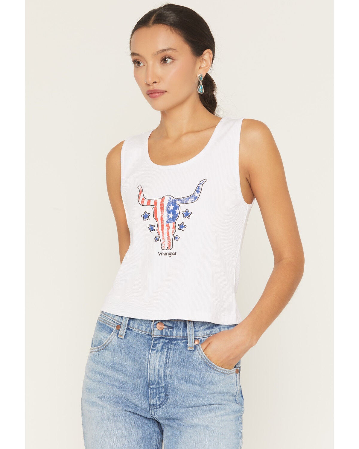 Wrangler Retro Women's Patriotic Bull Graphic Tank Top, White, hi-res