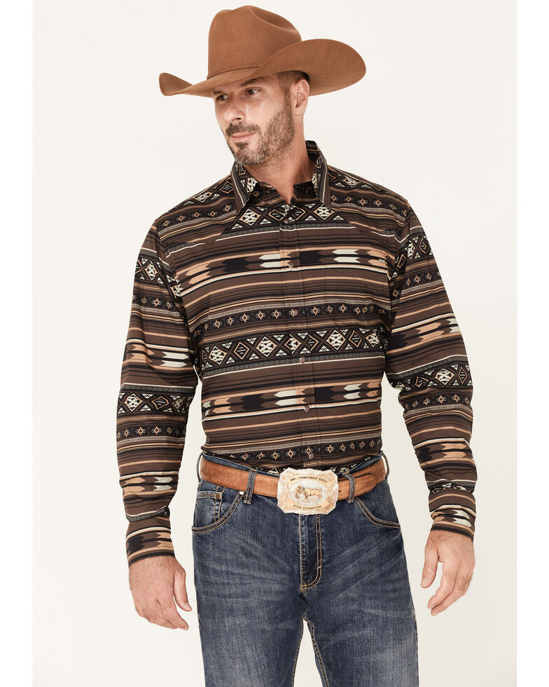 Tin Haul Men's Brown Southwestern Stripe Long Sleeve Snap Western Shirt