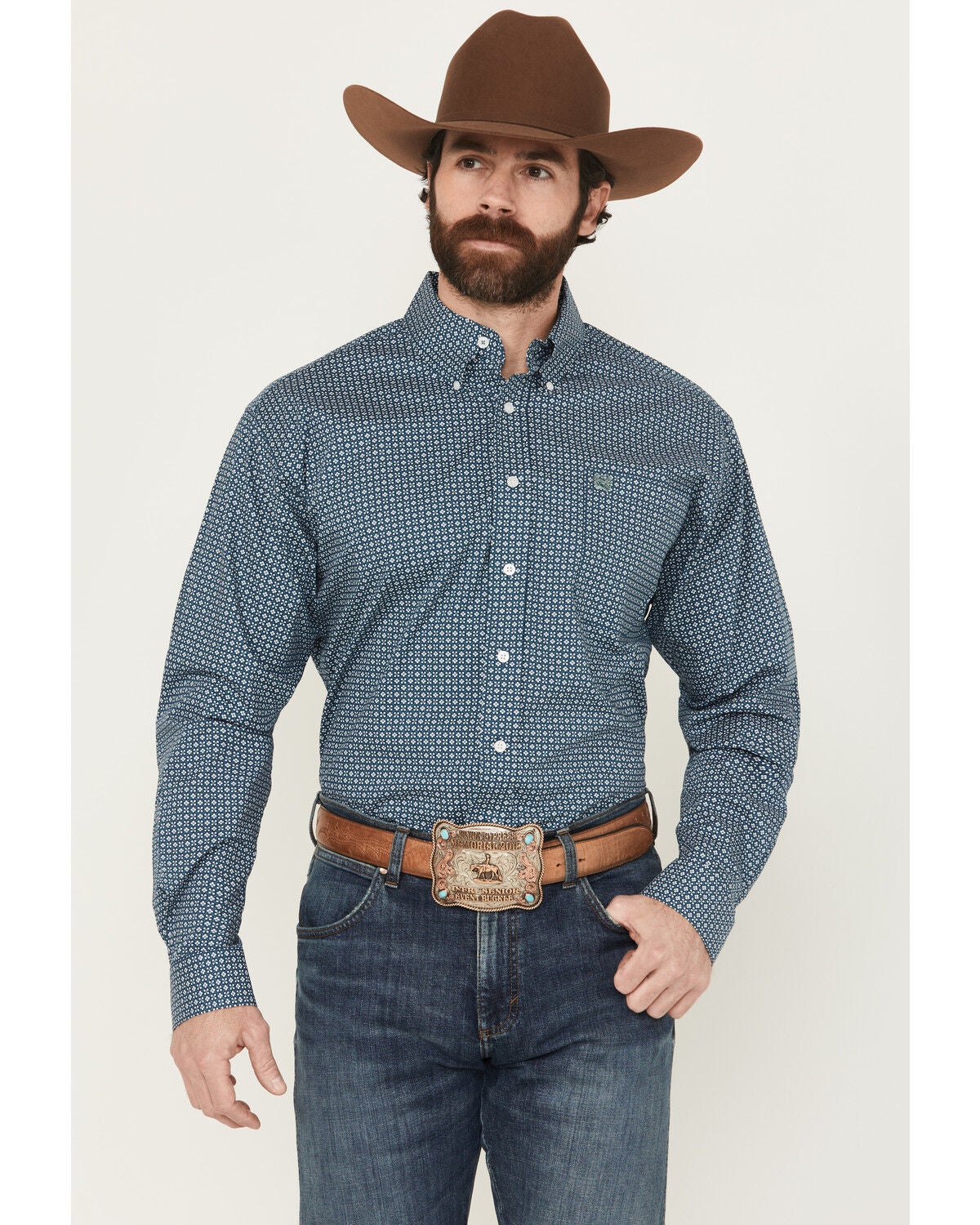 Cinch Men's Geo Print Long Sleeve Button-Down Stretch Western Shirt, Blue, hi-res