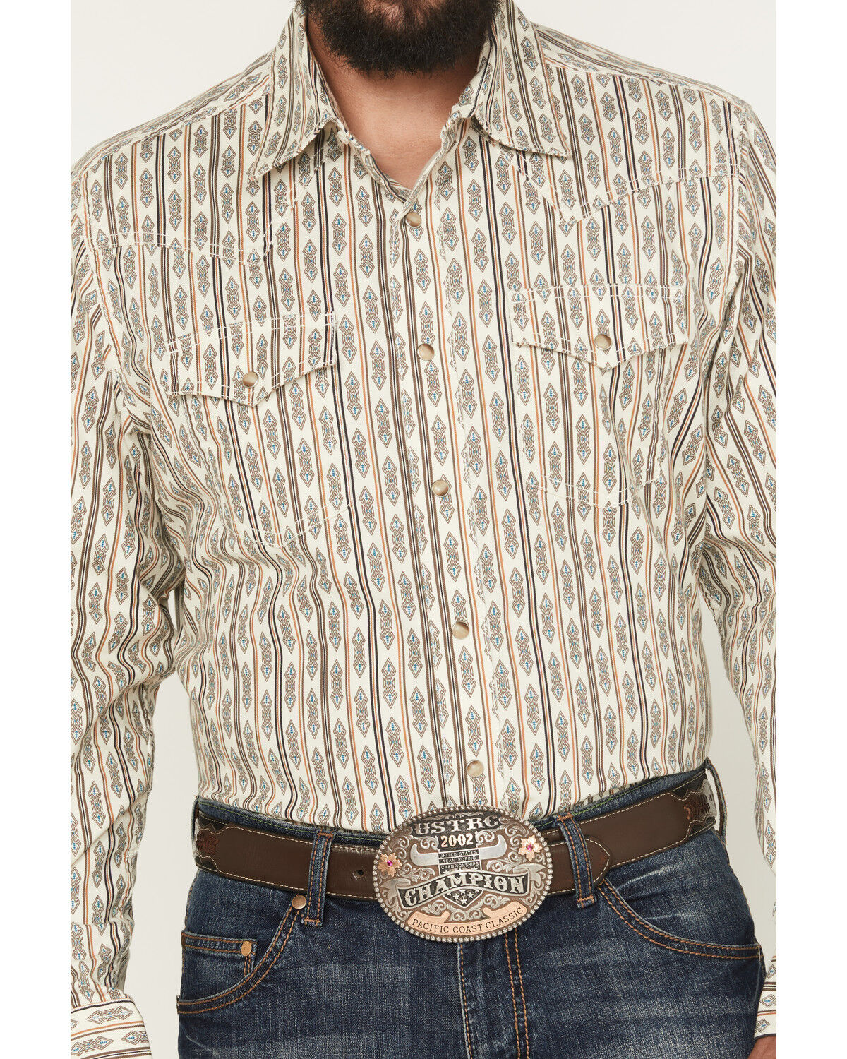 Image #3 - Wrangler Retro Men's Southwestern Print Long Sleeve Snap Western Shirt, Cream, hi-res