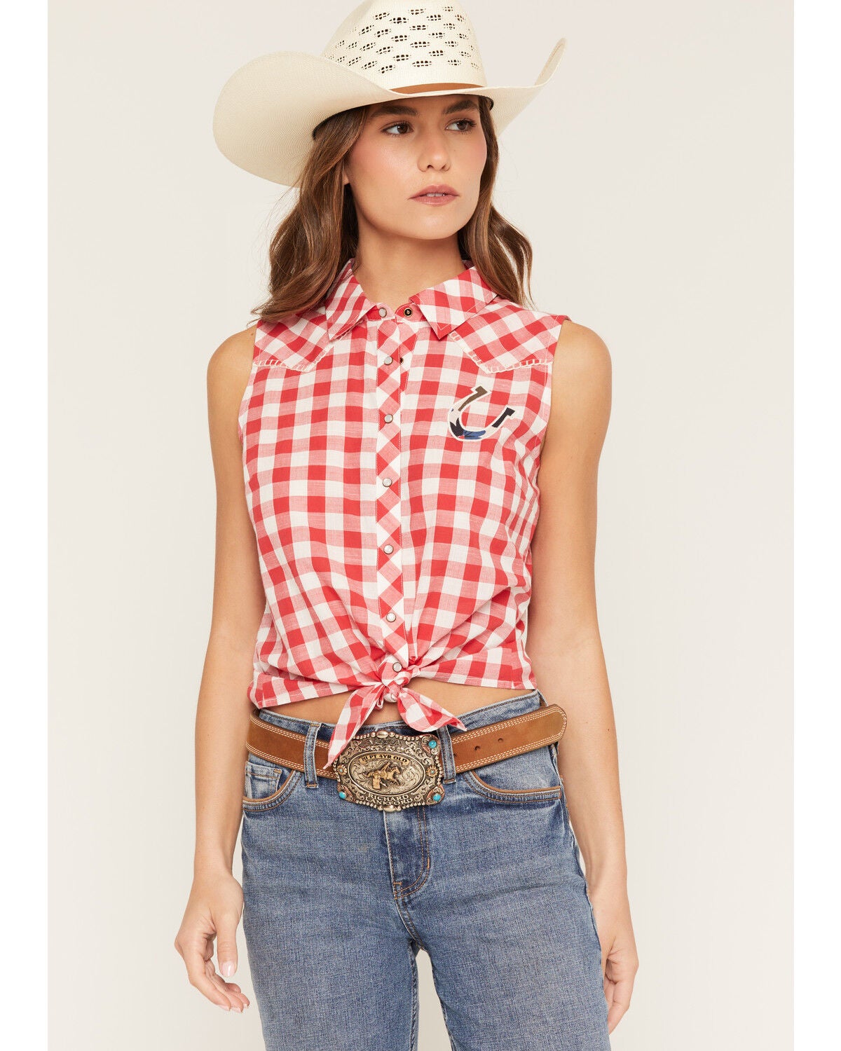 Shyanne Women's Dunes Gingham Tie-Front Sleeveless Pearl Snap Western Shirt, Red, hi-res