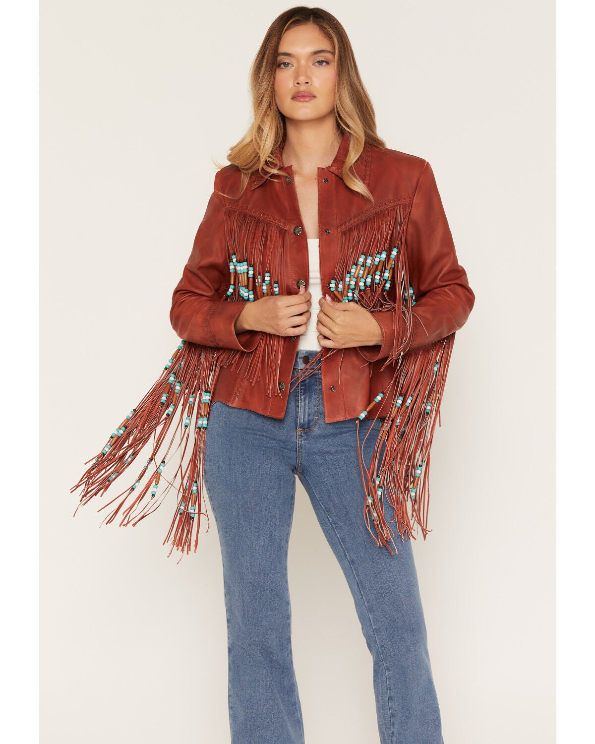 Cripple Creek Women's Beaded Fringe Hand Laced Snap Leather Jacket, , hi-res