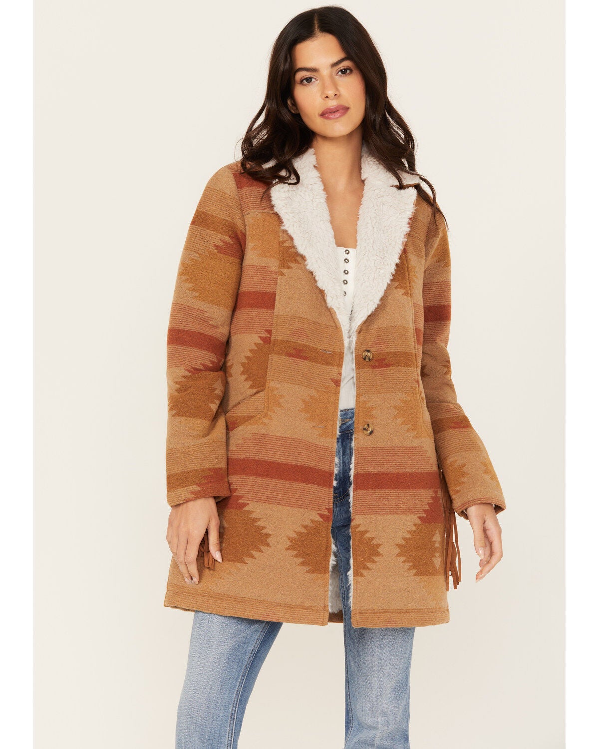 Idyllwind Women's Nettie Sherpa Collar Tonal Blanket Coat, Medium Brown, hi-res