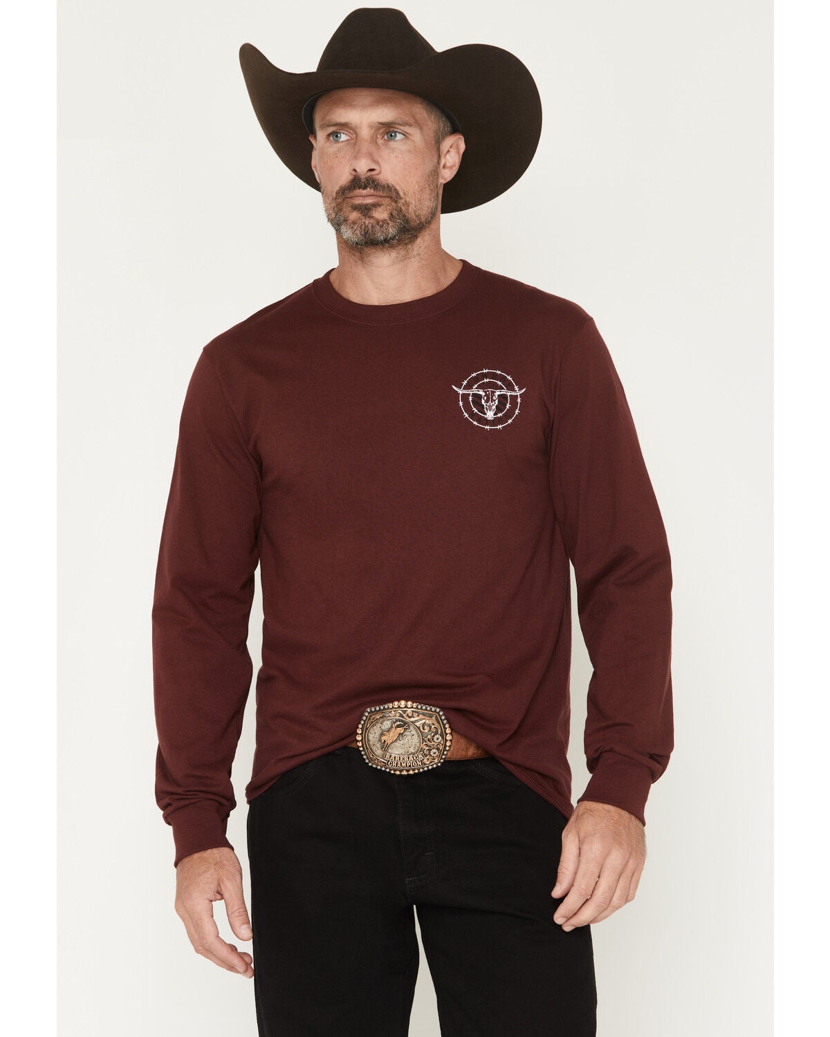 Cowboy Hardware Men's Cowboy Nation Long Sleeve Snap Graphic T-Shirt, Burgundy, hi-res