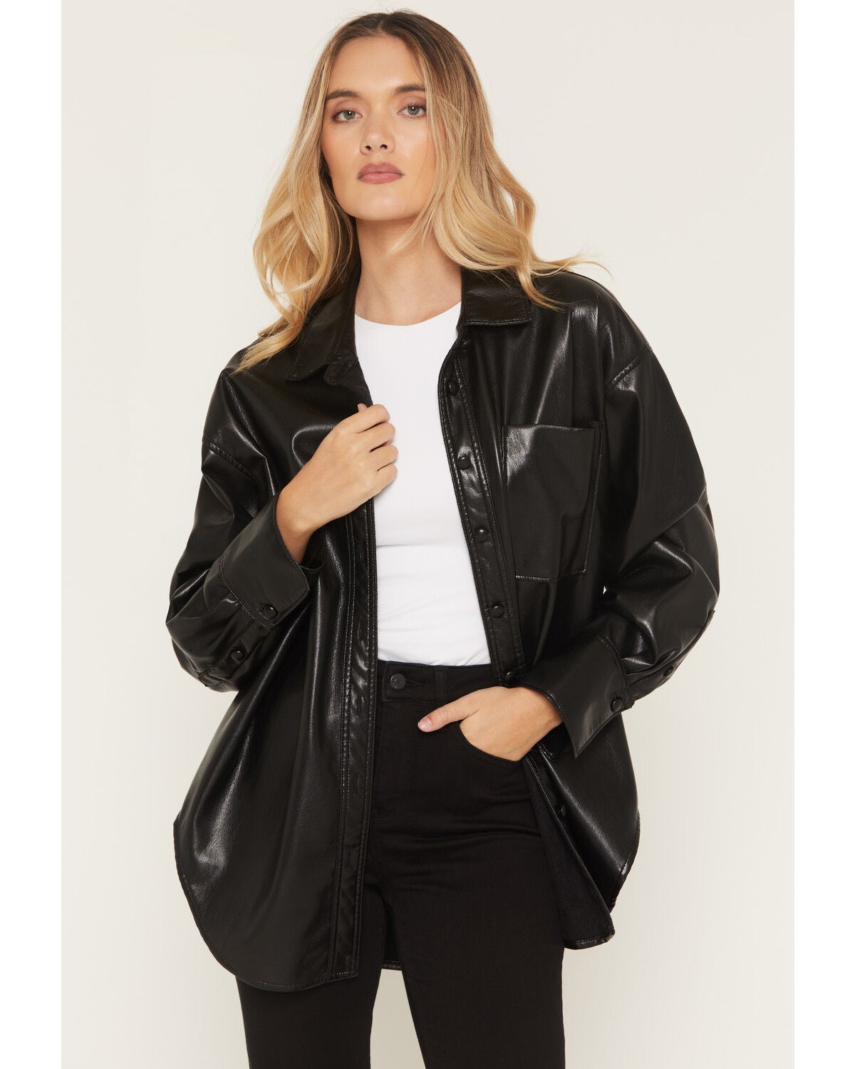 Show Me Your Mumu Women's Lincoln Faux Leather Long Sleeve Button-Down Shirt, Black, hi-res