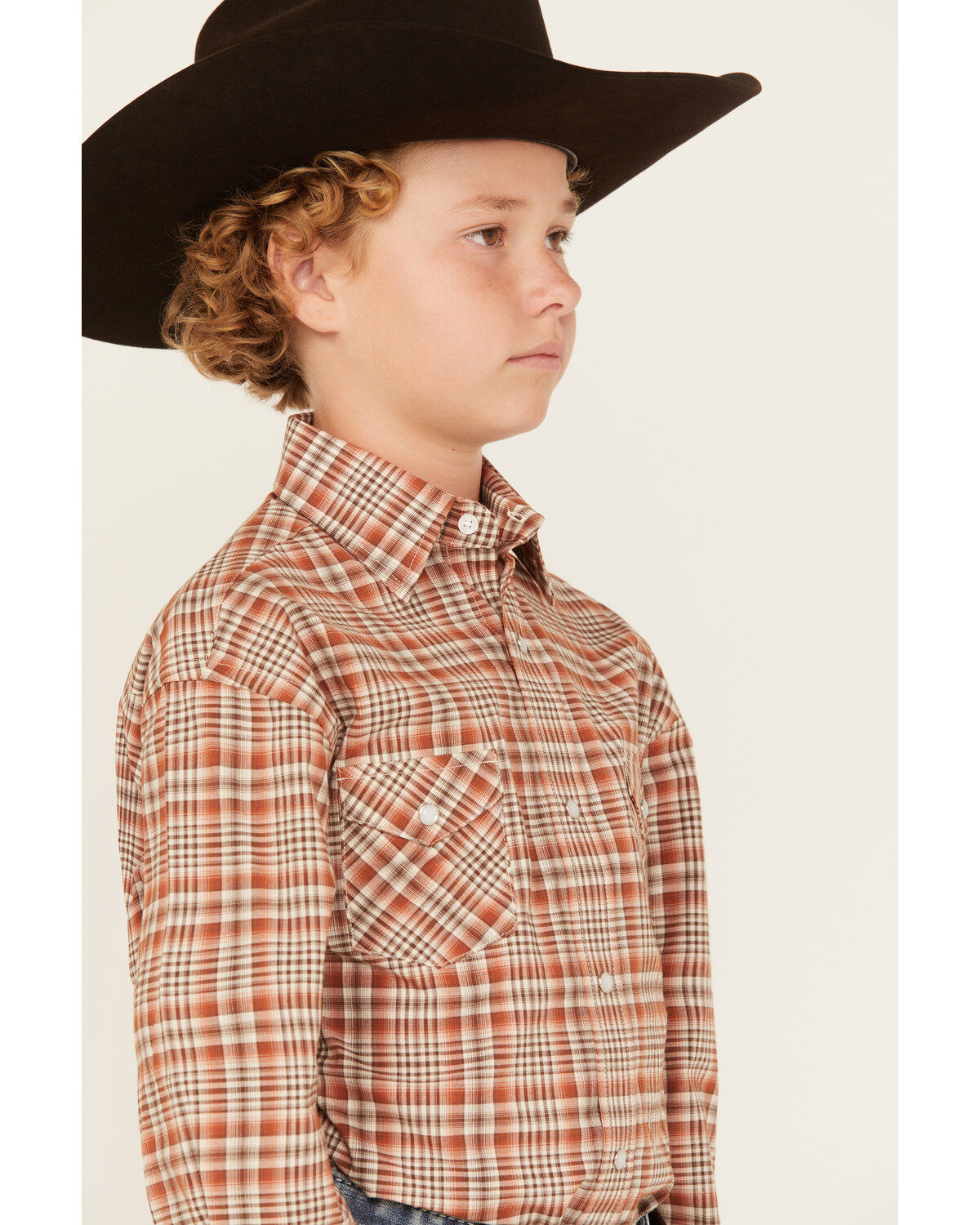 Image #2 - Rough Stock by Panhandle Boys' Plaid Print Long Sleeve Pearl Snap Stretch Western Shirt, Rust Copper, hi-res