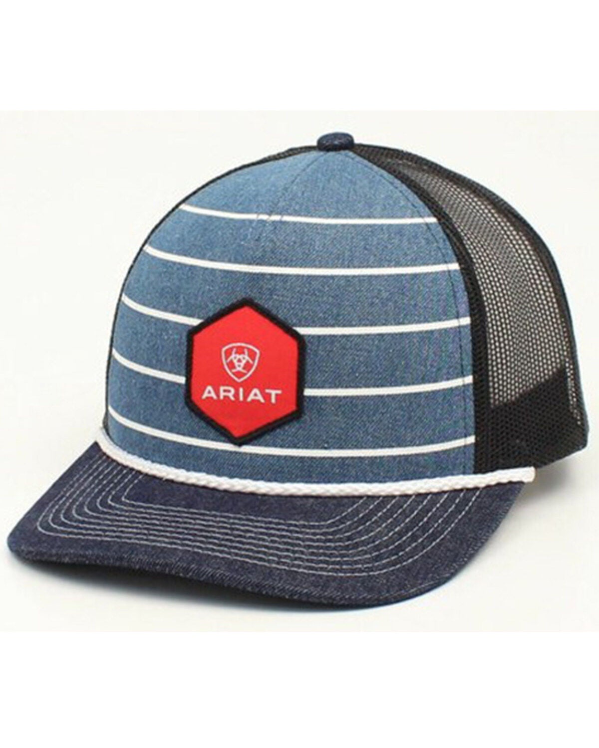 Ariat Men's Striped Denim Shield Logo Patch Ball Cap, Blue, hi-res