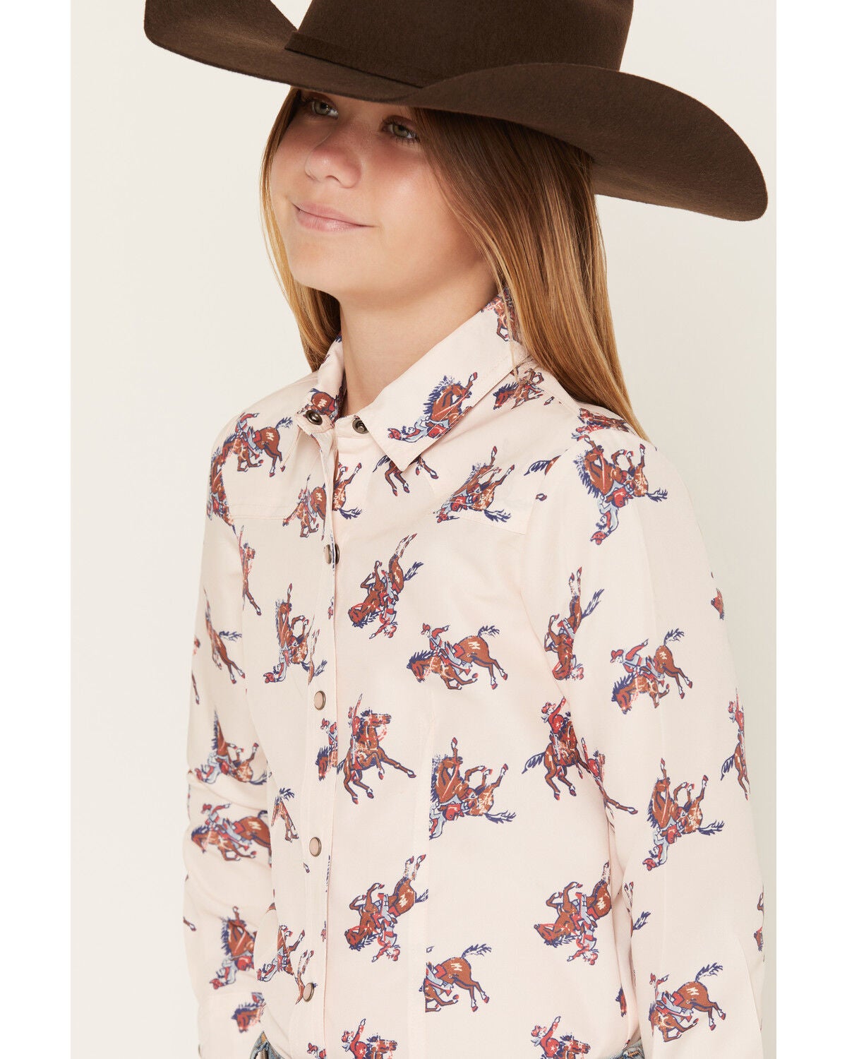 Image #2 - Cruel Girl Girls' Horse Print Long Sleeve Pearl Snap Western Shirt, Pink, hi-res