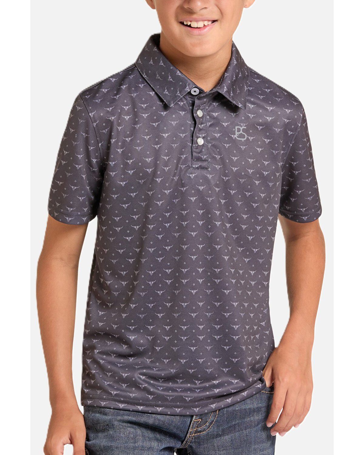 Image #1 - Panhandle Slim Boys' Steer Head Print Short Sleeve Polo, Black, hi-res