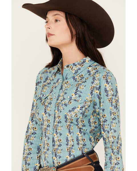 Ariat Women's Annette Floral Print Long Sleeve Snap Western Shirt, Teal