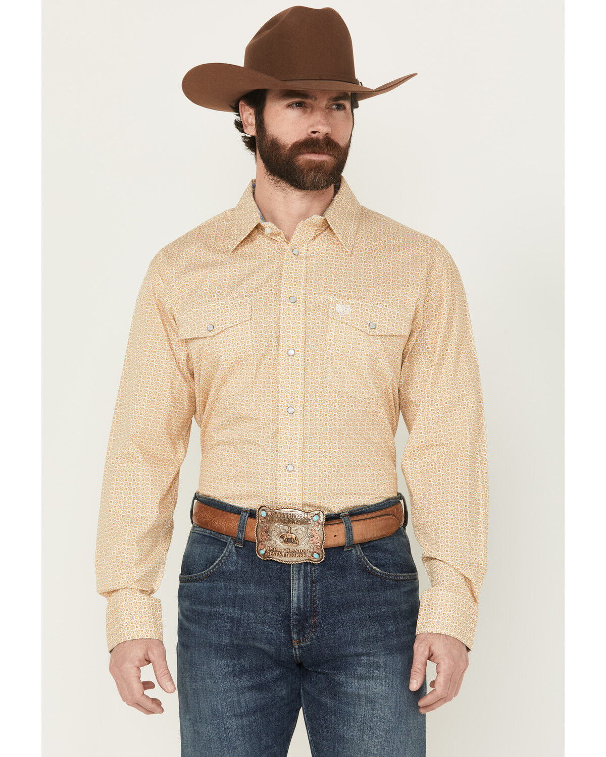 Image #1 - Panhandle Select Men's Geo Print Long Sleeve Snap Western Shirt, Yellow, hi-res