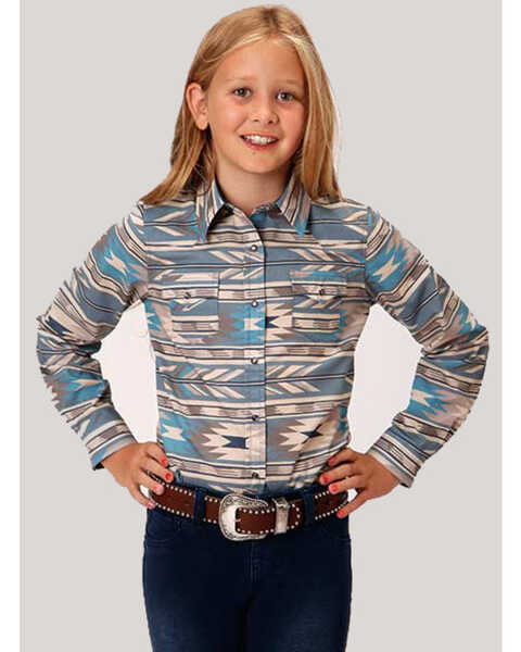West Made Girls' Turquoise Southwestern Print Long Sleeve Western Shirt  , Turquoise, hi-res
