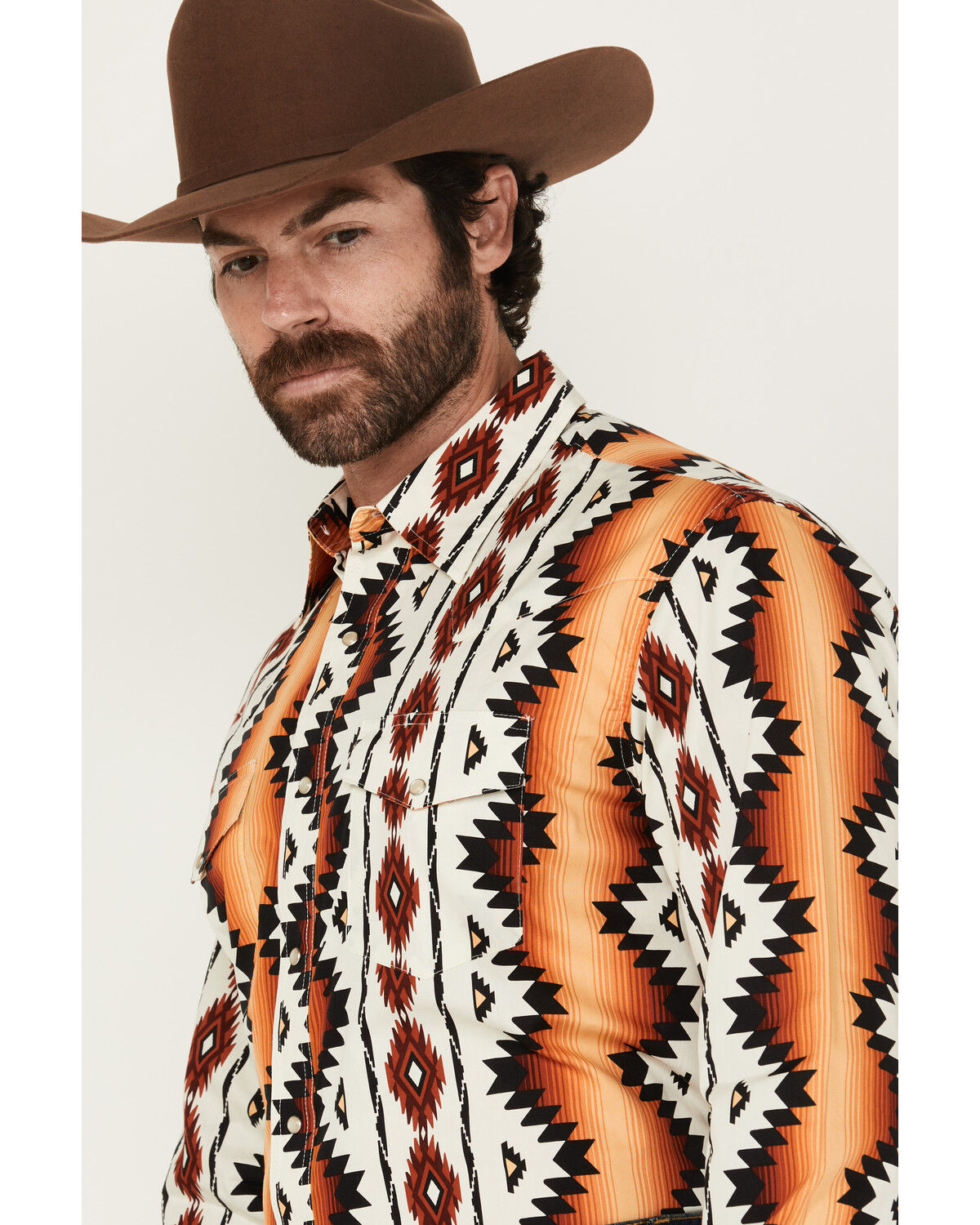 Image #2 - Wrangler Men's Checotah Southwestern Print Long Sleeve Snap Western Shirt - Big, Orange, hi-res