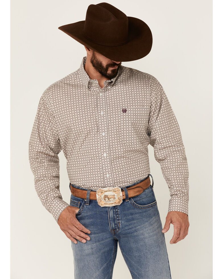 Cinch Men's Khaki Small Cube Geo Print Long Sleeve Button-Down Western Shirt , Beige/khaki, hi-res