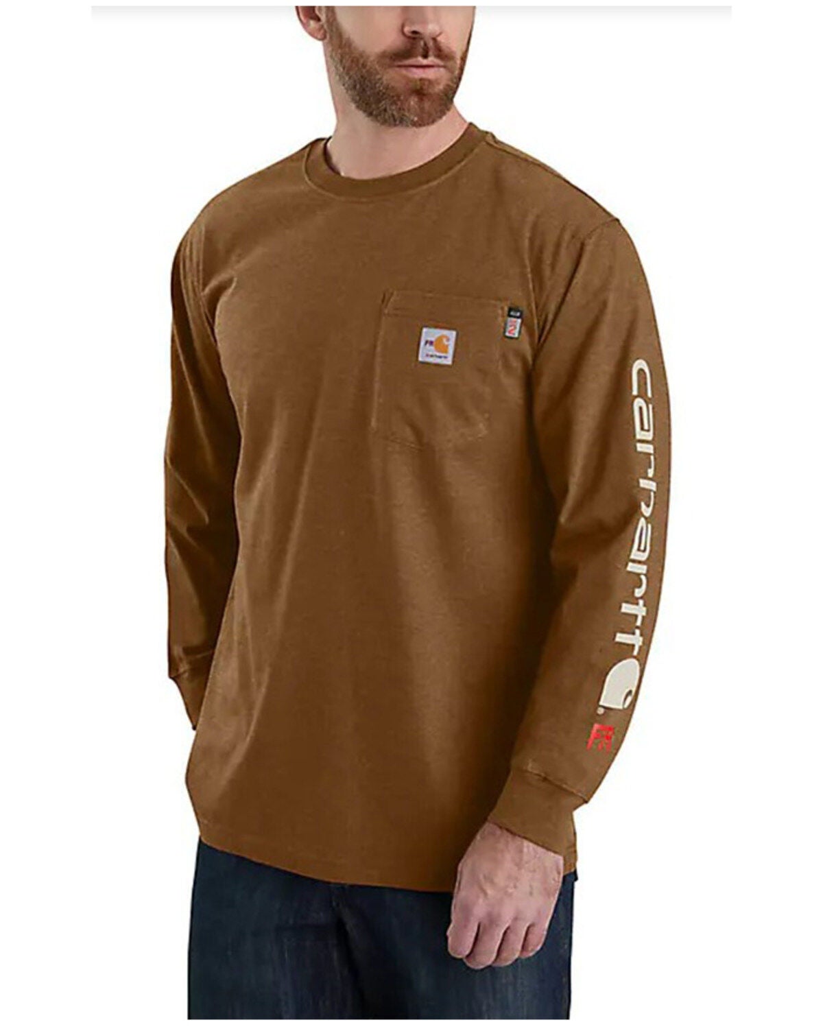 Carhartt Men's FR Force&reg; Loose Fit Midweight Long Sleeve Logo Graphic T-Shirt, Brown, hi-res