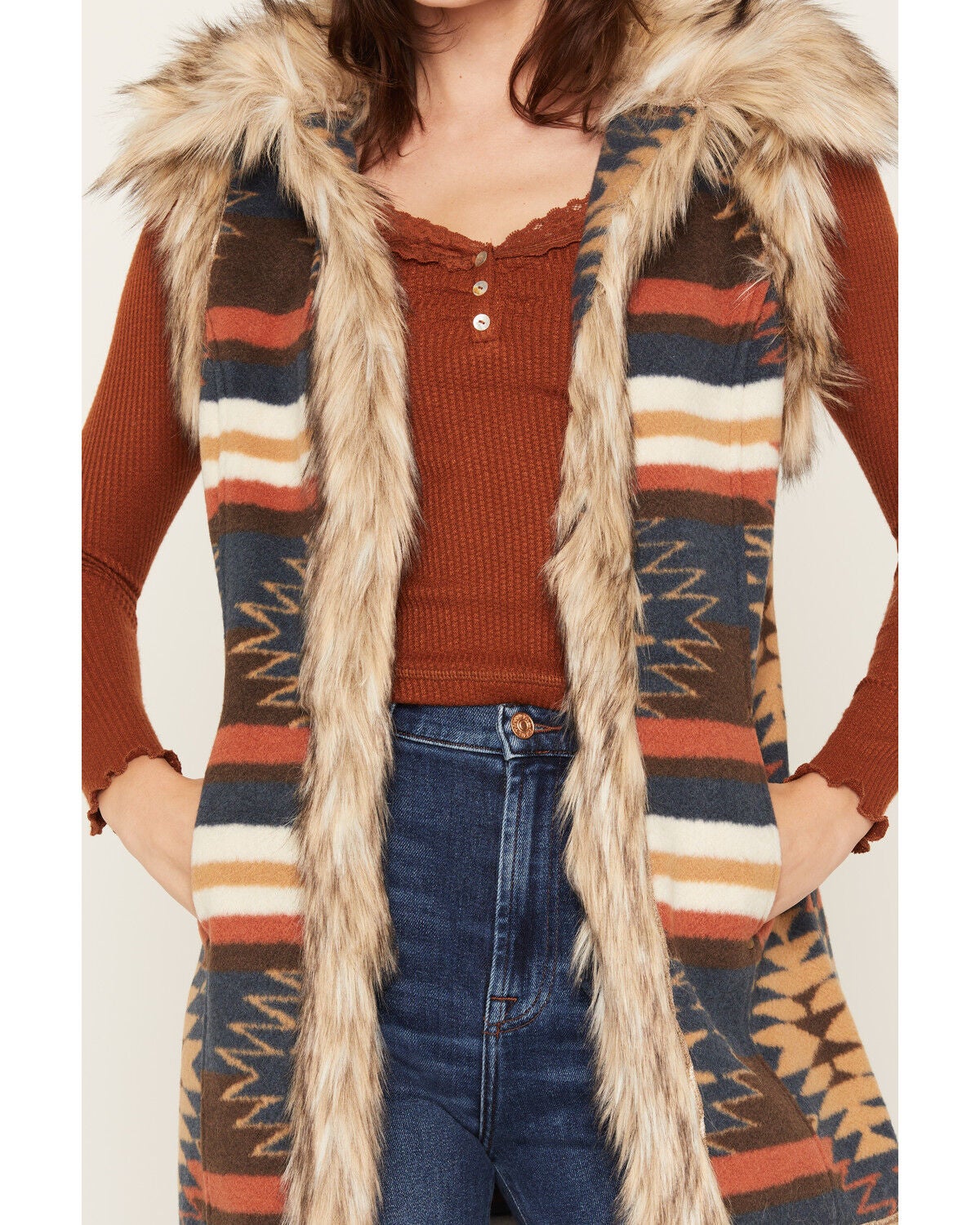 Image #3 - Tasha Polizzi Women's Kensie Southwestern Print Faux Fur Trim Vest, Multi, hi-res