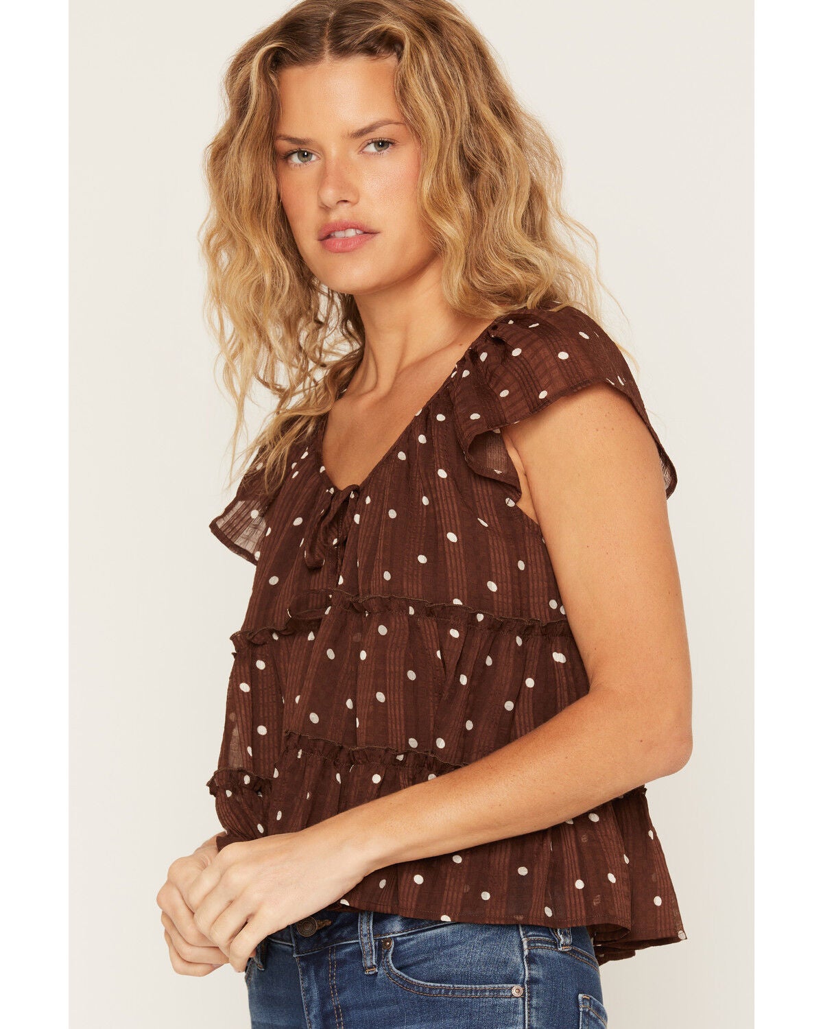 Image #2 - Ash & Violet Women's Boot Barn Exclusive Polka Dot Tie-Front Tiered Blouse, Brown, hi-res