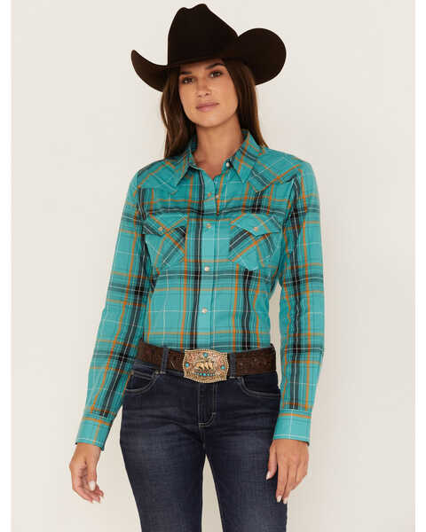 Wrangler Women's Plaid Print Long Sleeve Snap Western Shirt, Teal, hi-res