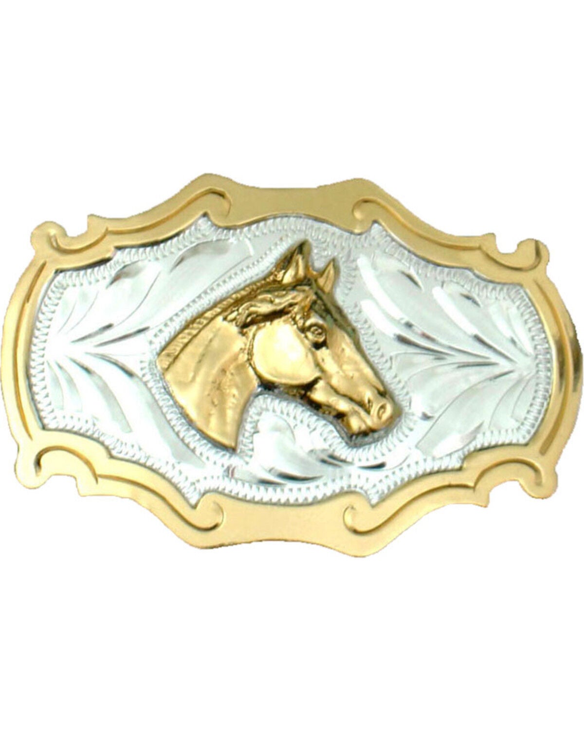 Western Express Men's Horsehead German Silver Belt Buckle, Silver, hi-res