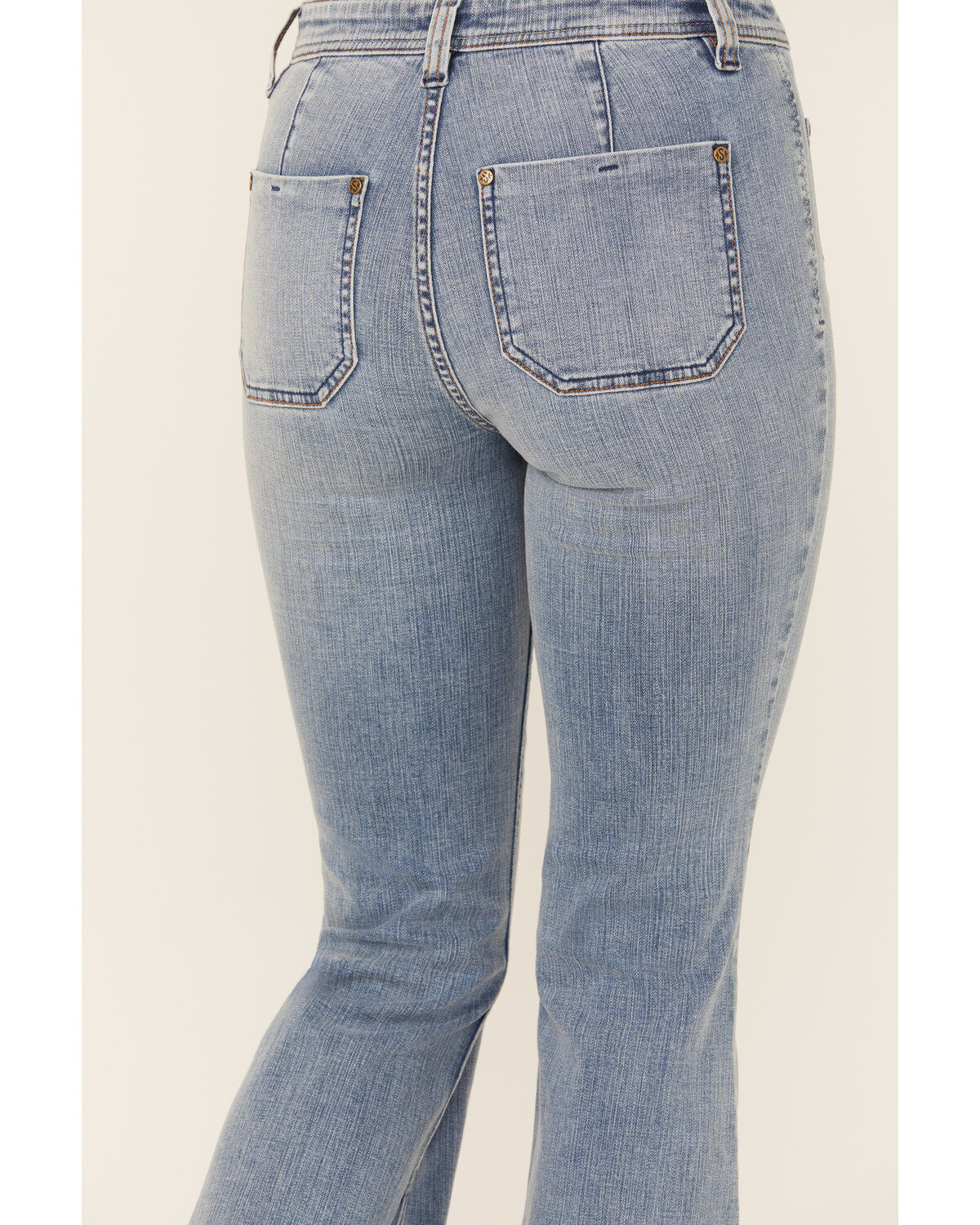Image #4 - Shyanne Women's Luna Medium Wash High Rise Patch Pocket Flare Comfort Stretch Denim Jeans, Medium Wash, hi-res