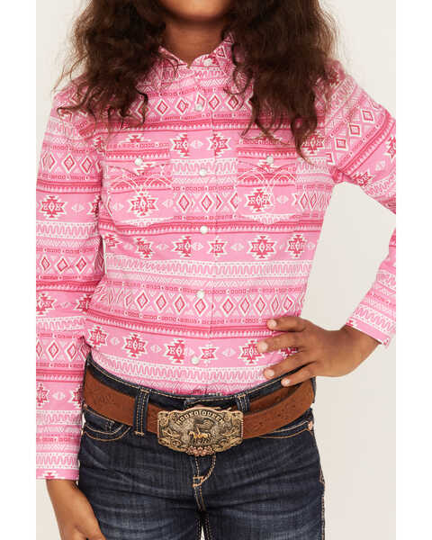 Panhandle Girls' Southwestern Print Long Sleeve Pearl Snap Shirt, Pink, hi-res