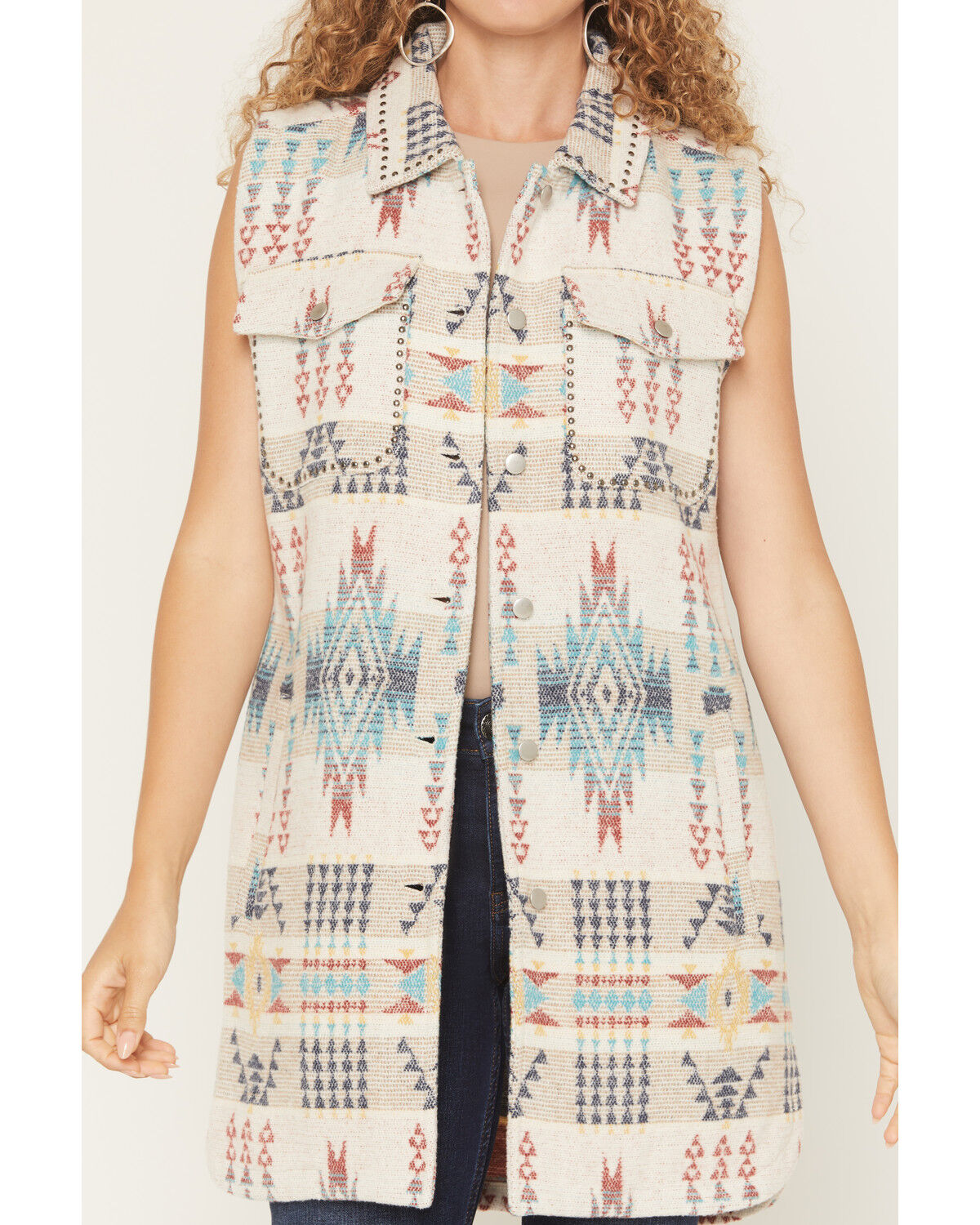 Image #3 - Cotton & Rye Women's Boot Barn Exclusive Studded Southwestern Print Long Vest, Ivory, hi-res