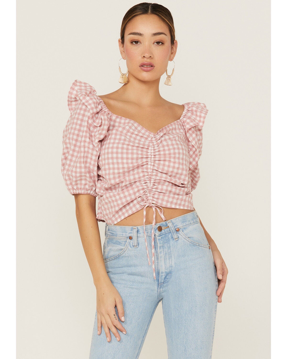 Beyond The Radar Women's Gingham Crop Cinch Detail Top, Blush, hi-res