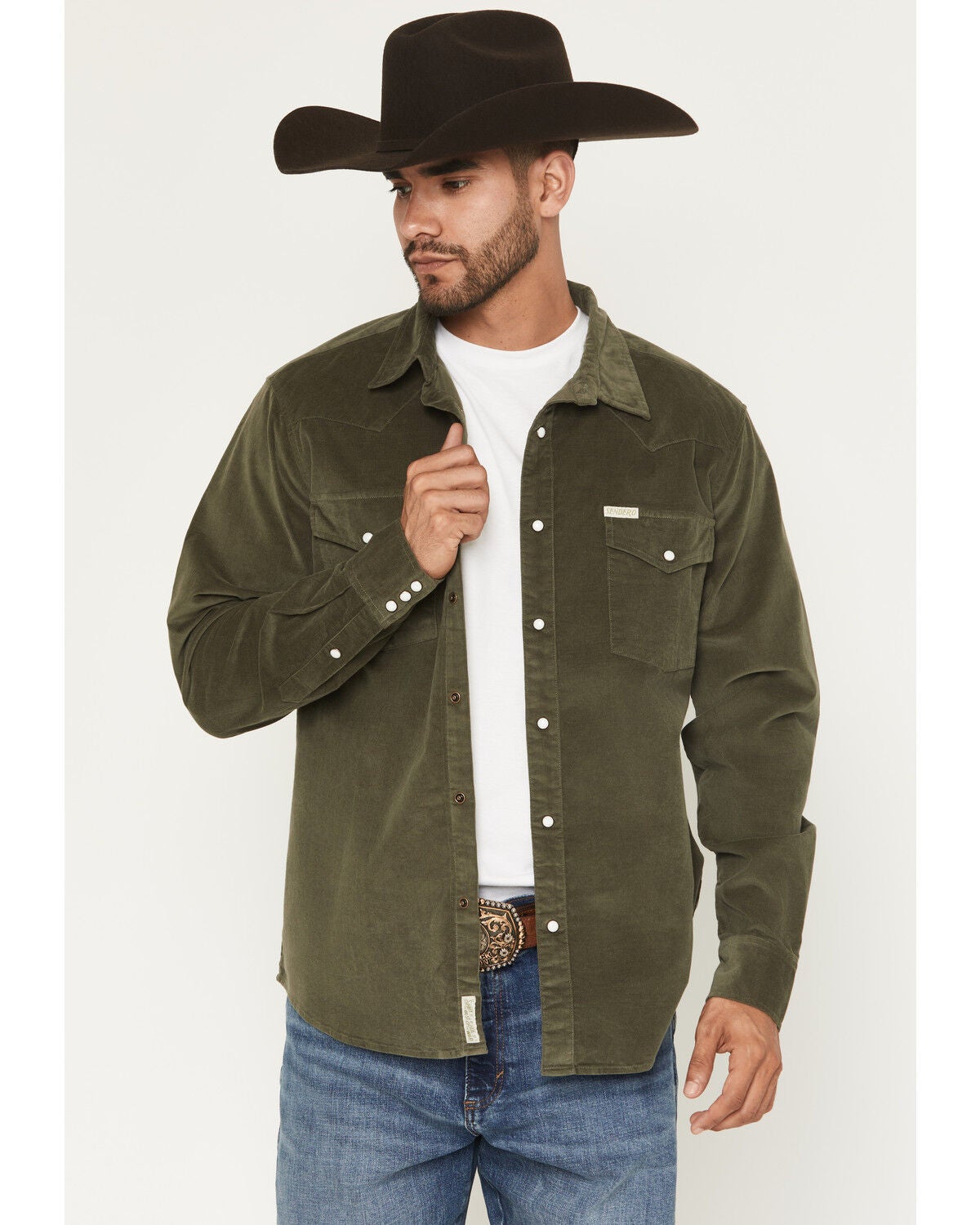 Sendero Provisions Men's Wyatt Corduroy Long Sleeve Snap Stretch Western Shirt, Olive, hi-res