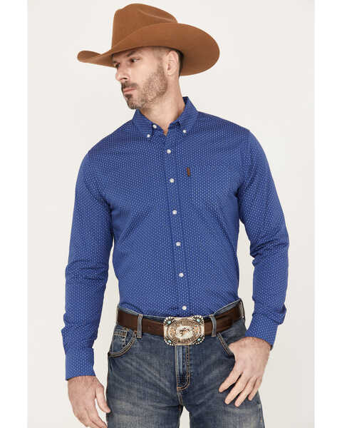 Ariat Men's Ditsy Stretch Modern Fit Button-Down Long Sleeve Western Shirt, Dark Blue, hi-res