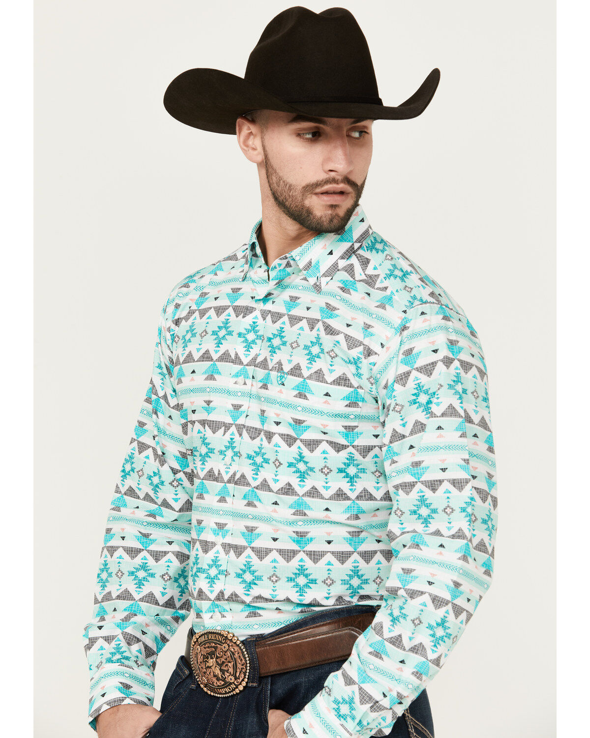 Image #2 - Ariat Men's Jacey Southwestern Print Long Sleeve Button-Down Western Shirt, Turquoise, hi-res