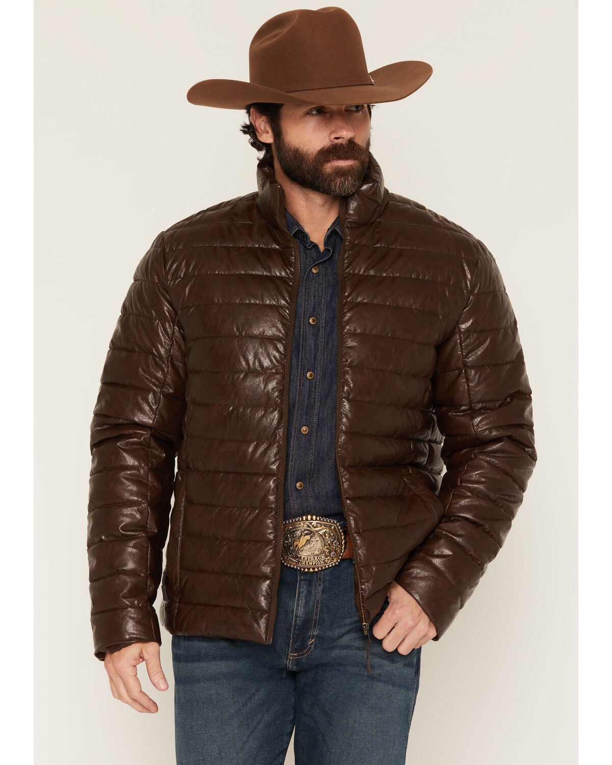 Image #1 - Panhandle Slim Men's Faux Leather Puffer Jacket, Chocolate, hi-res
