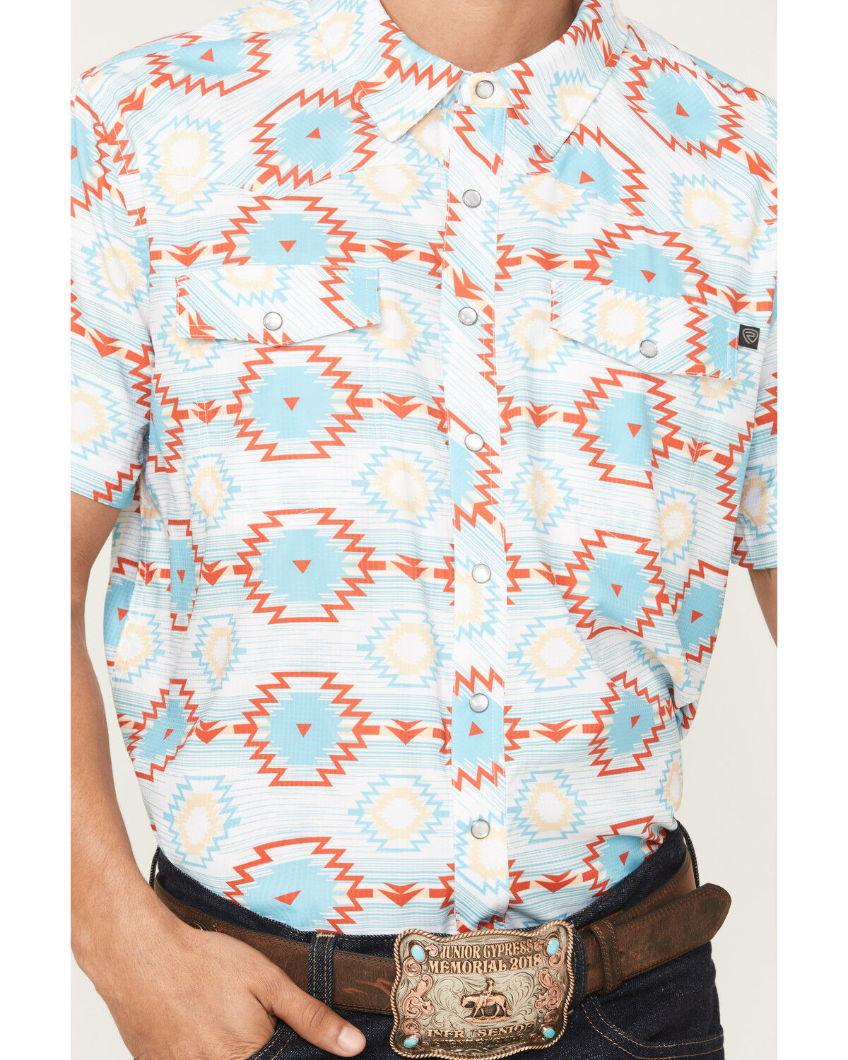 Image #3 - Rock & Roll Denim Men's Boot Barn Exclusive Tek Southwestern Short Sleeve Snap Stretch Western Shirt, Turquoise, hi-res