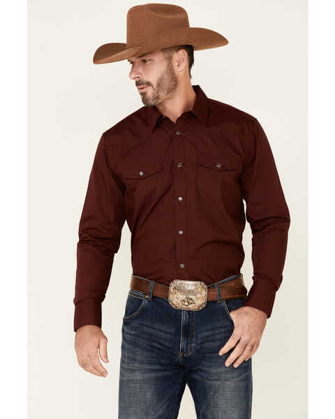 Gibson Men's Basic Solid Long Sleeve Pearl Snap Western Shirt - Tall , Burgundy, hi-res