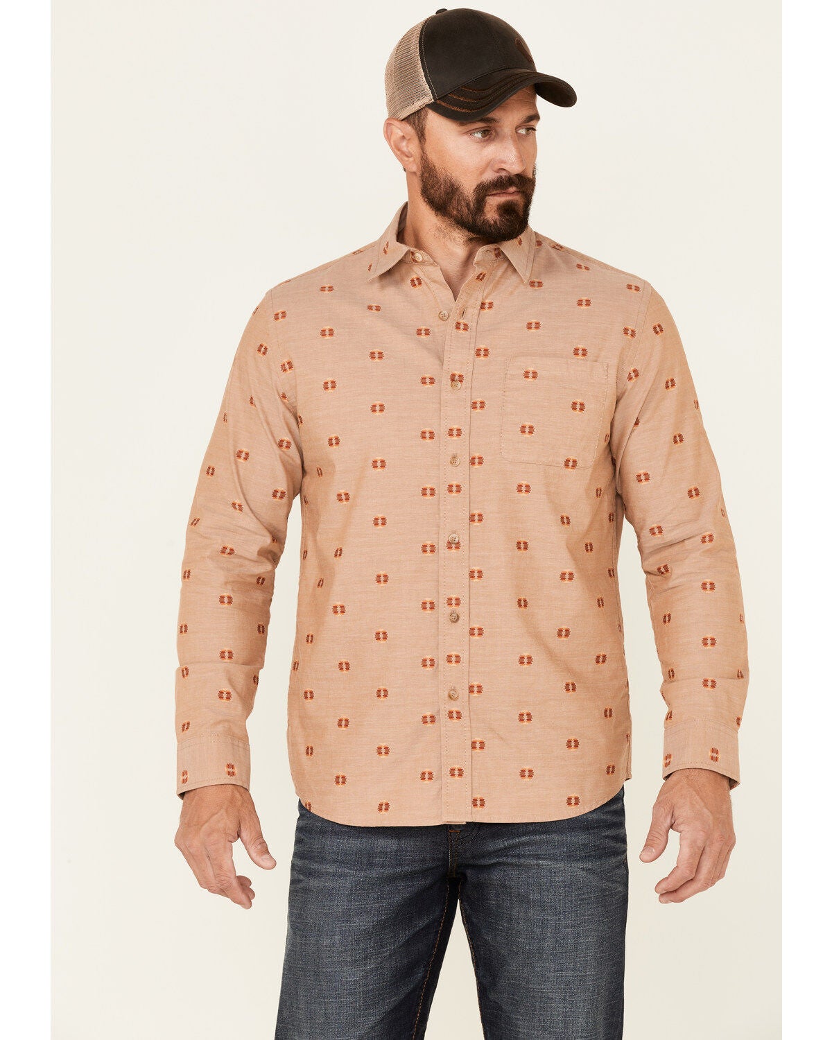 Pendleton Men's All-Over Dobby Chambray Long Sleeve Button-Down Western Shirt, Tan, hi-res