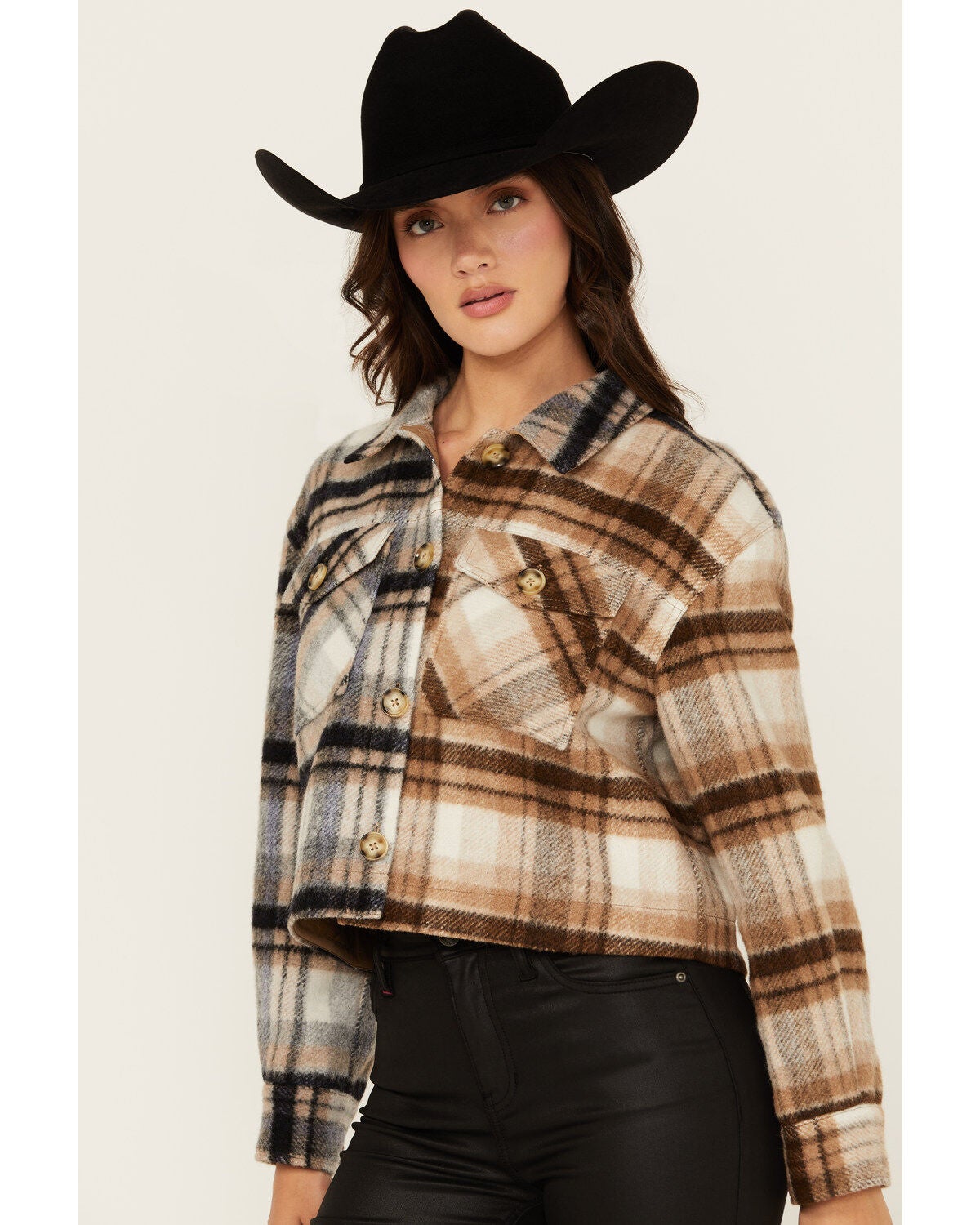 Cleo + Wolf Women's Clara Color Block Plaid Print Button-Down Shacket, Caramel, hi-res