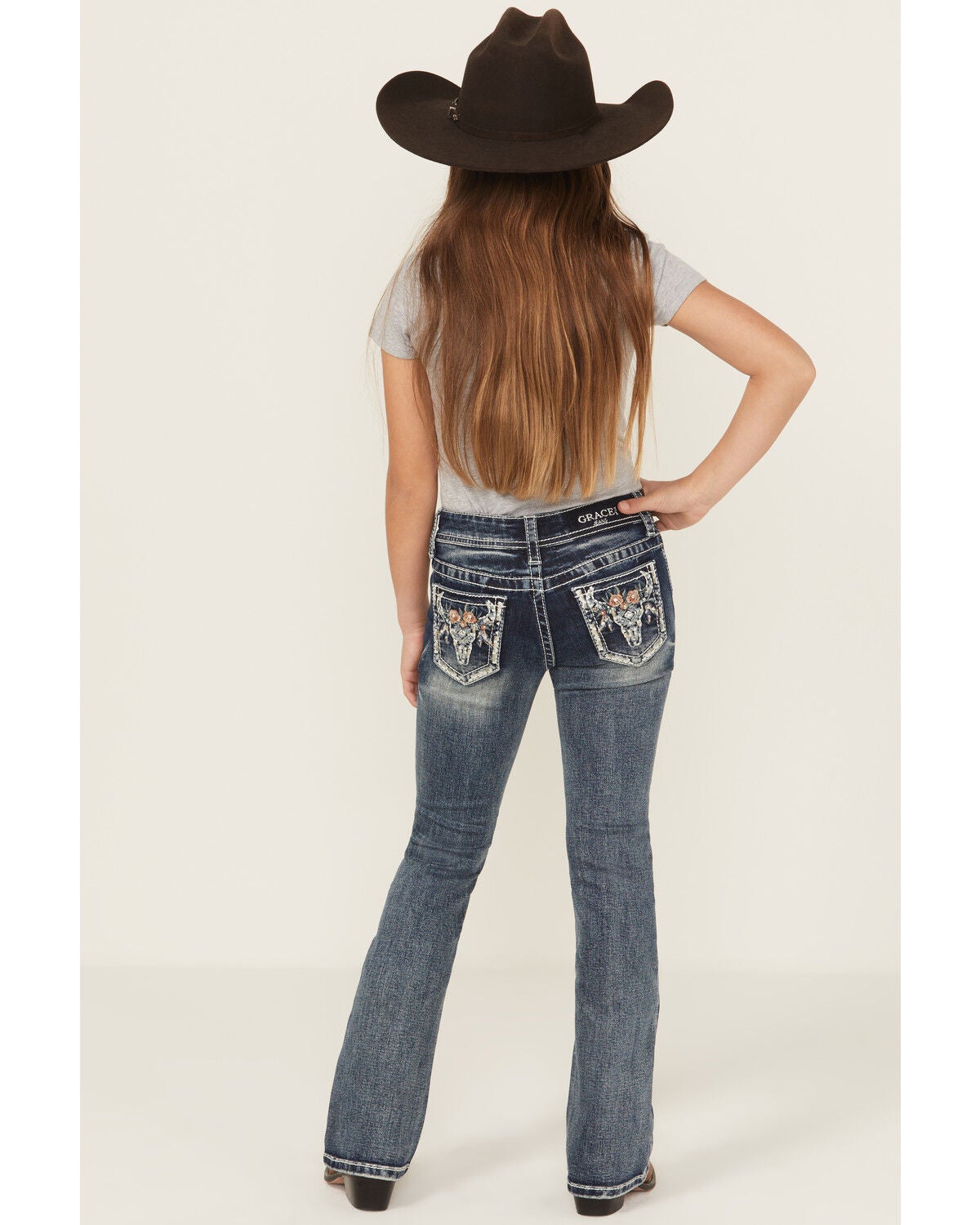 Grace In La Girls' Floral Steerhead Embroidered And Embellished Bootcut Stretch Denim Jeans, Blue, hi-res