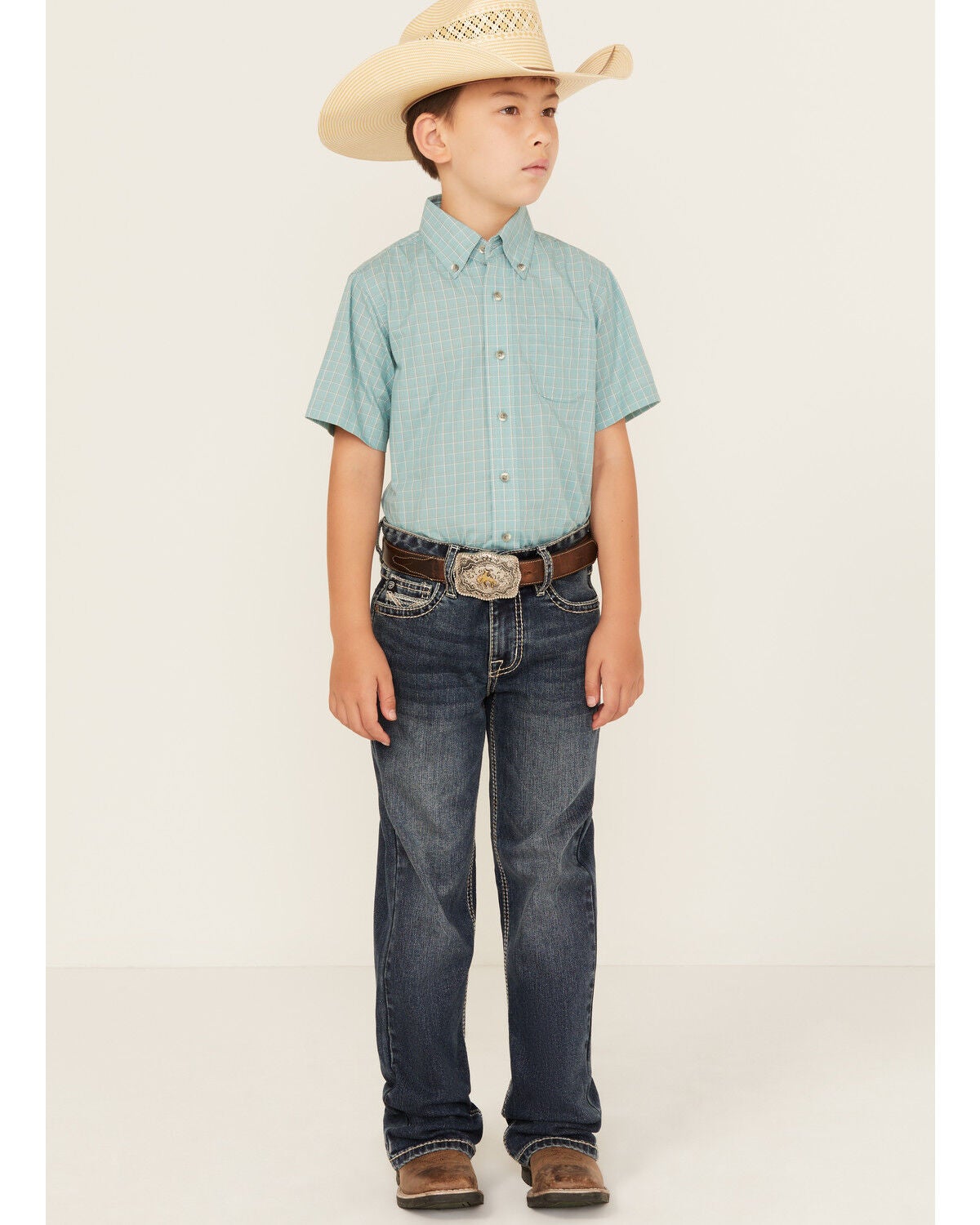 Rock & Roll Denim Boys' Medium Wash Two-Toned Stitch Bootcut Denim Jeans, Blue, hi-res