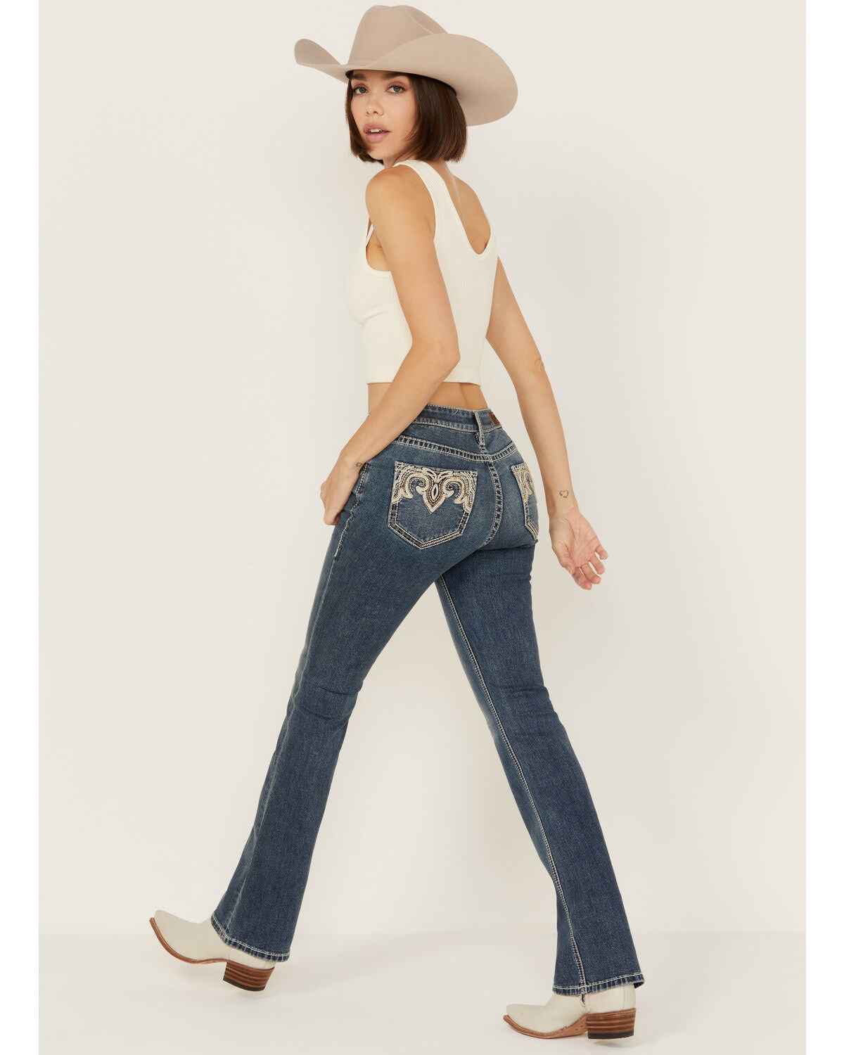 Rock & Roll Denim Women's Medium Wash Mid Rise Leather Embroidered Bootcut Stretch Denim Jeans, Medium Wash, hi-res