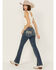 Image #1 - Rock & Roll Denim Women's Medium Wash Mid Rise Leather Embroidered Bootcut Stretch Denim Jeans , Medium Wash, hi-res