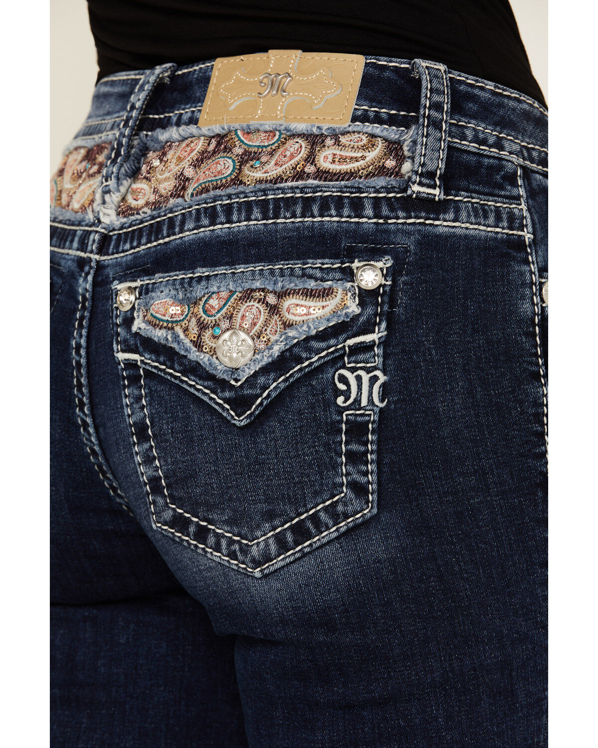 Image #2 - Miss Me Women's Dark Wash Faux Flap Sequin Paisley Pocket Mid Rise Bootcut Stretch Denim Jeans, , hi-res